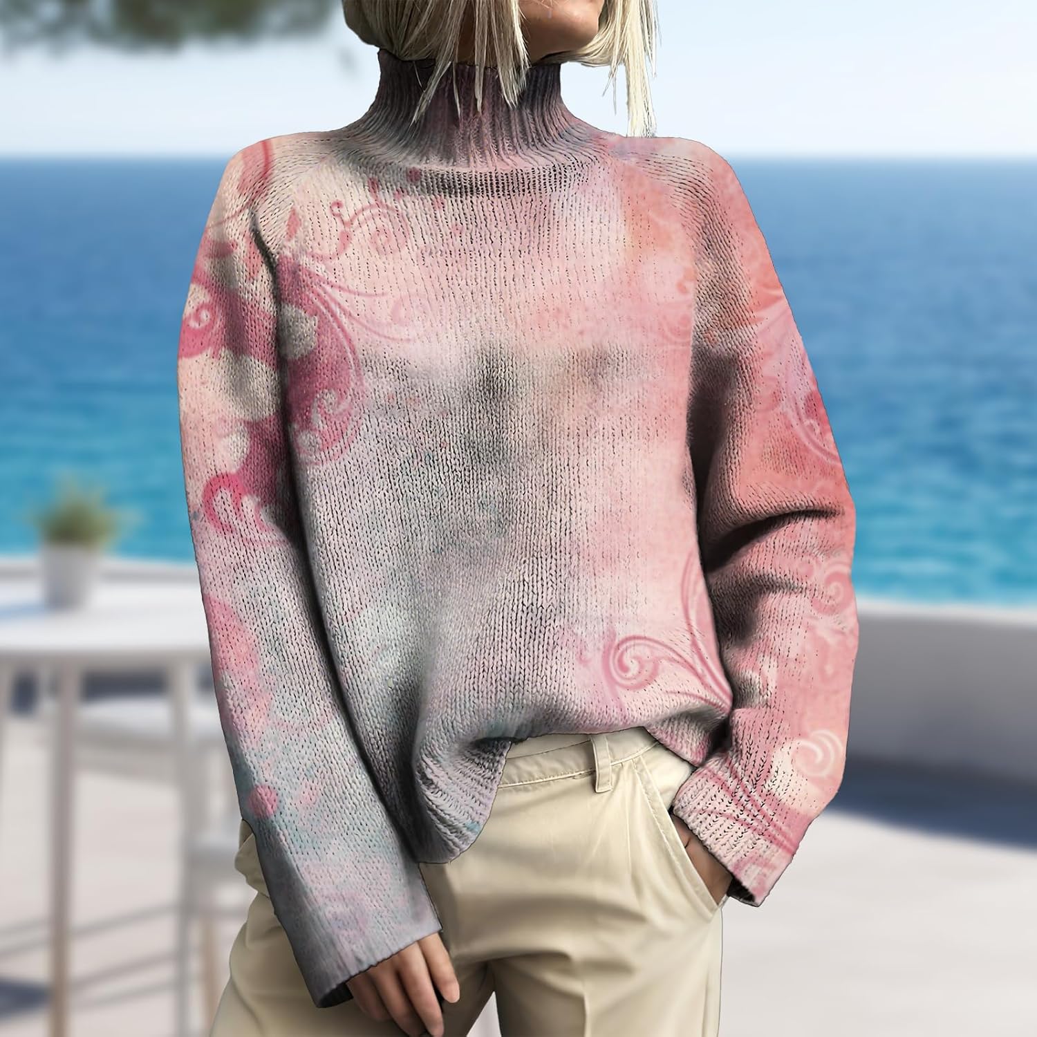 Floral Print Sweater for Women Loose Casual Long Sleeve Turtleneck Pullover Sweater Winter Chunky Jumper Tops - Image 2