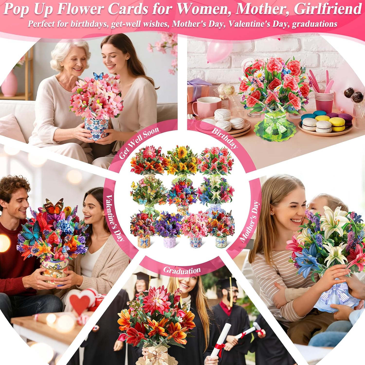 ROADPLUM 10 Pack 3D Pop Up Flower Bouquet Greeting Cards with Envelopes & Message Notes, Paper Flower Cards for Mother's Day, Birthday, Graduation, Anniversary, Congratulations, Get Well Gift