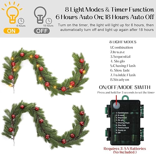 Miniatura 4 de Ceenna 2 guirnaldas de cedro de Navidad preiluminadas de 12.4 pies con 20 luces LED, guirnalda de pino artificial verde para Navidad con bola, 8