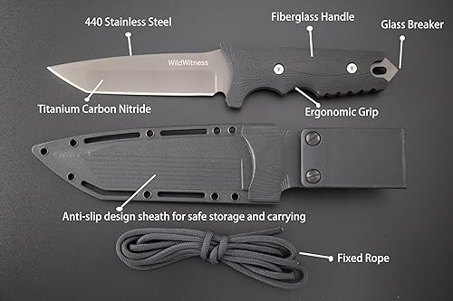 Miniatura 10 de WILDWITNESS - Cuchillo táctico de hoja fija de espiga completa, hecho de acero inoxidable 440C y mango antideslizante de fibra de vidrio de goma