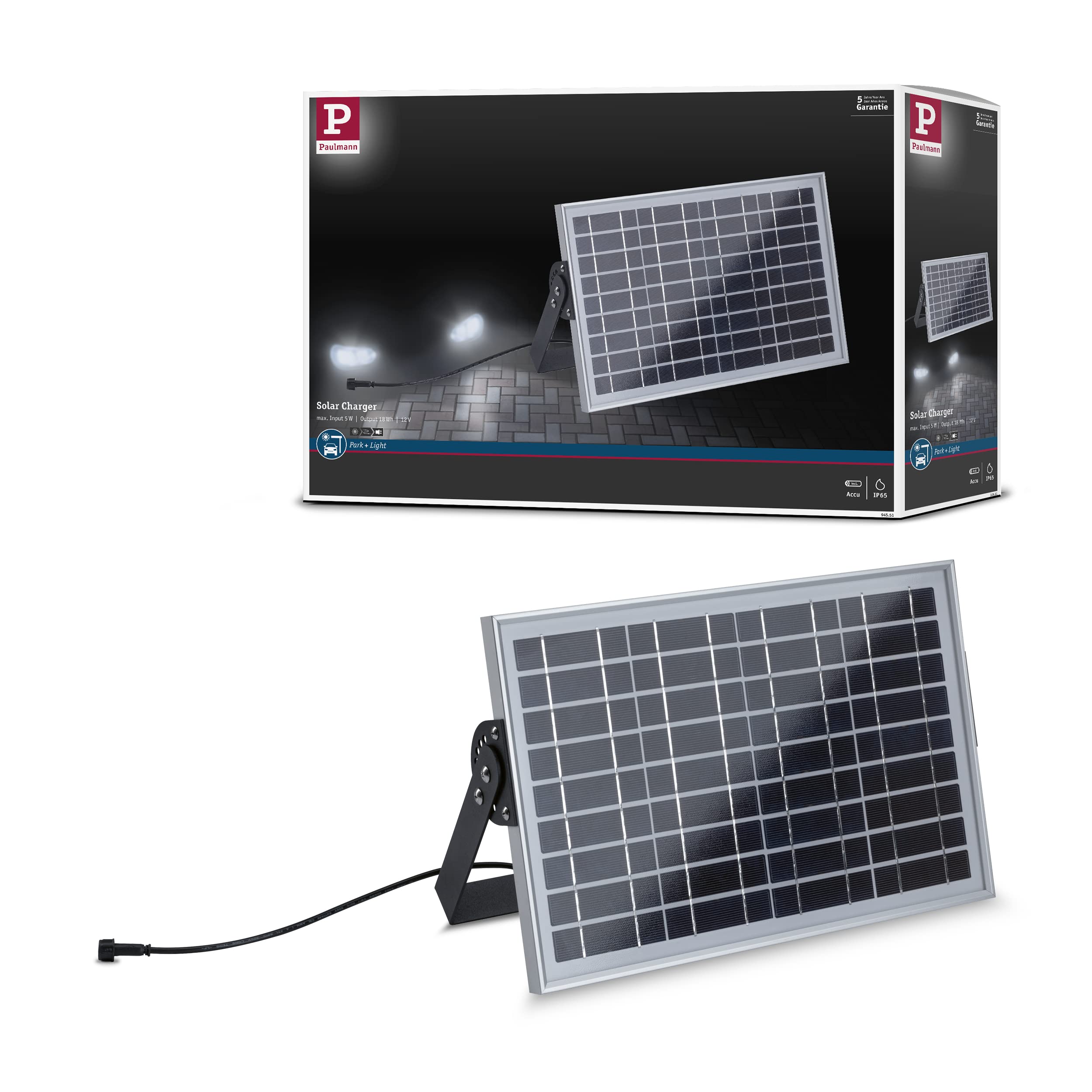 Paulmann 94551 Park + Light - Lámpara de exterior (IP65, máx. 5 W, luz solar, accesorio para garaje), color plateado