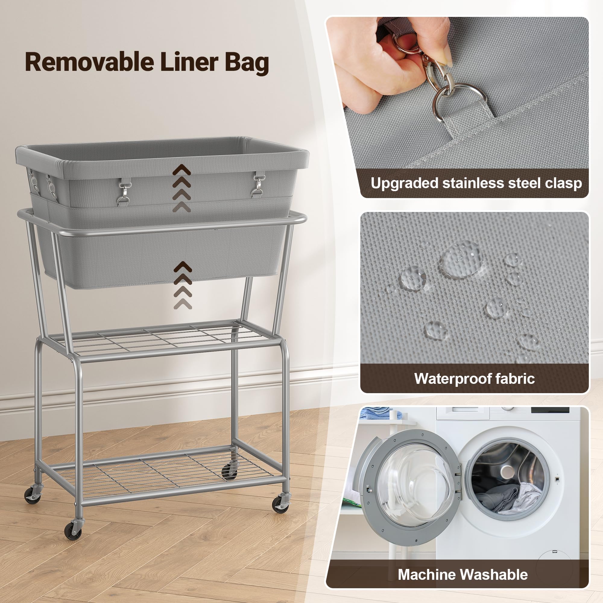 ELYKEN Cesto portabiancheria su ruote, cesto portabiancheria con ripiano in metallo resistente, 120 l, organizer per lavanderia, camera da letto, bagno ETHLC07G1
