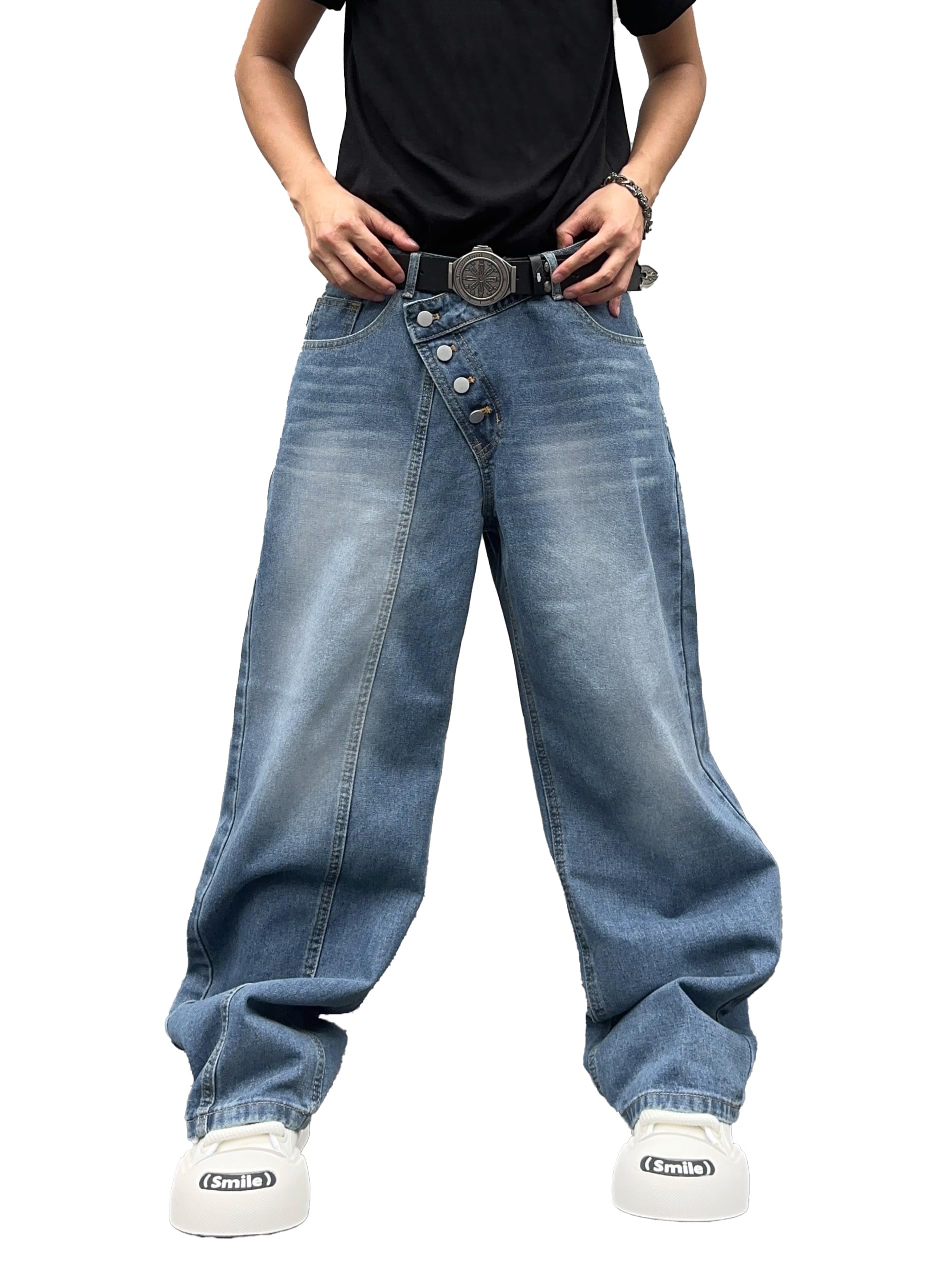 ZewoolMens Angled Button Baggy Jeans Oversized Skater Jeans Y2k Hip Hop Jeans Wide Leg Denim Pants