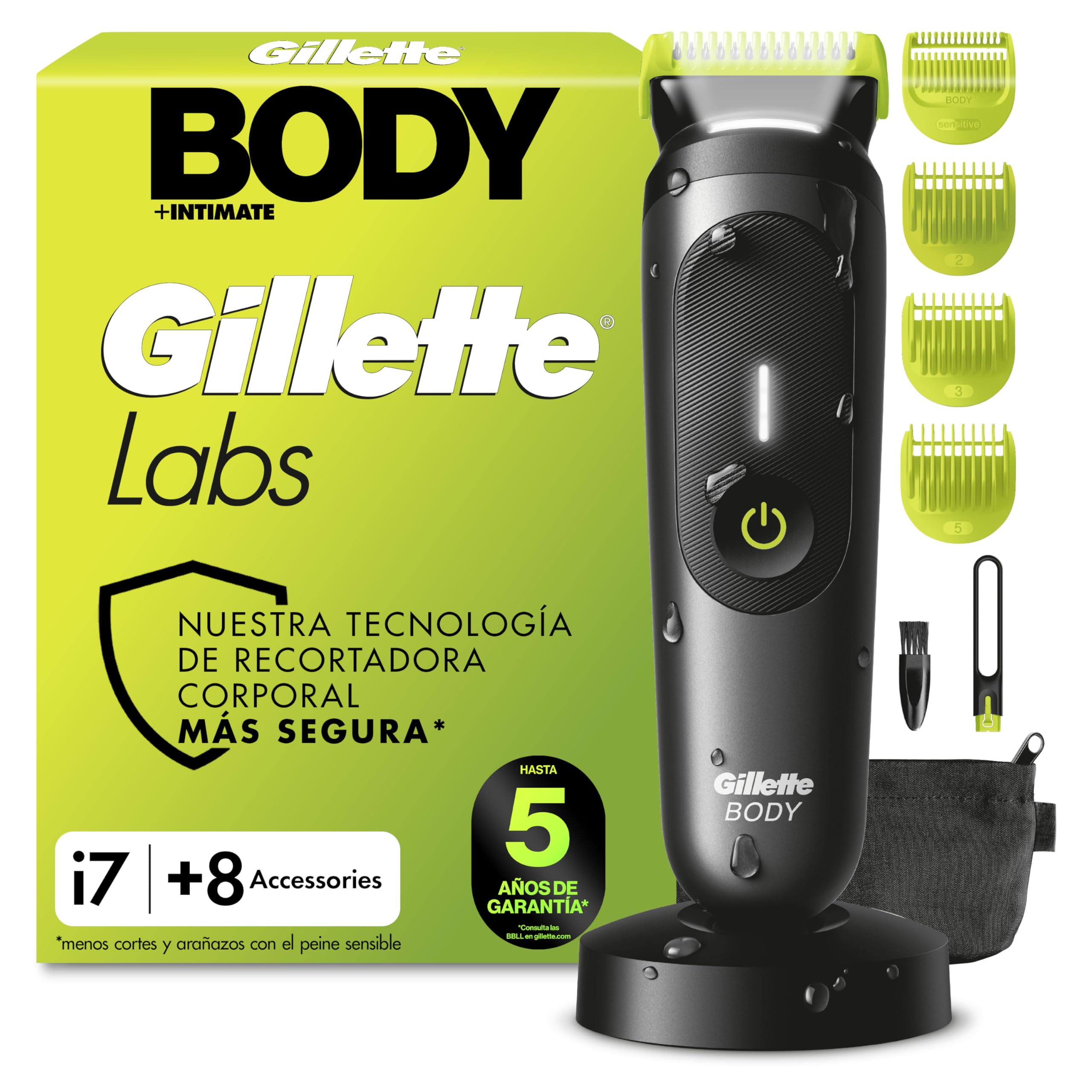 GilletteLabs i7 Body + Intimate Afeitadora Corporal, 8 Accesorios, Negro | Depiladora Corporal Hombre Impermeable, con 4 Peines, Funda, Base de Carga Y Soporte de Ducha, Tecnología Skinfirst Y Luz LED