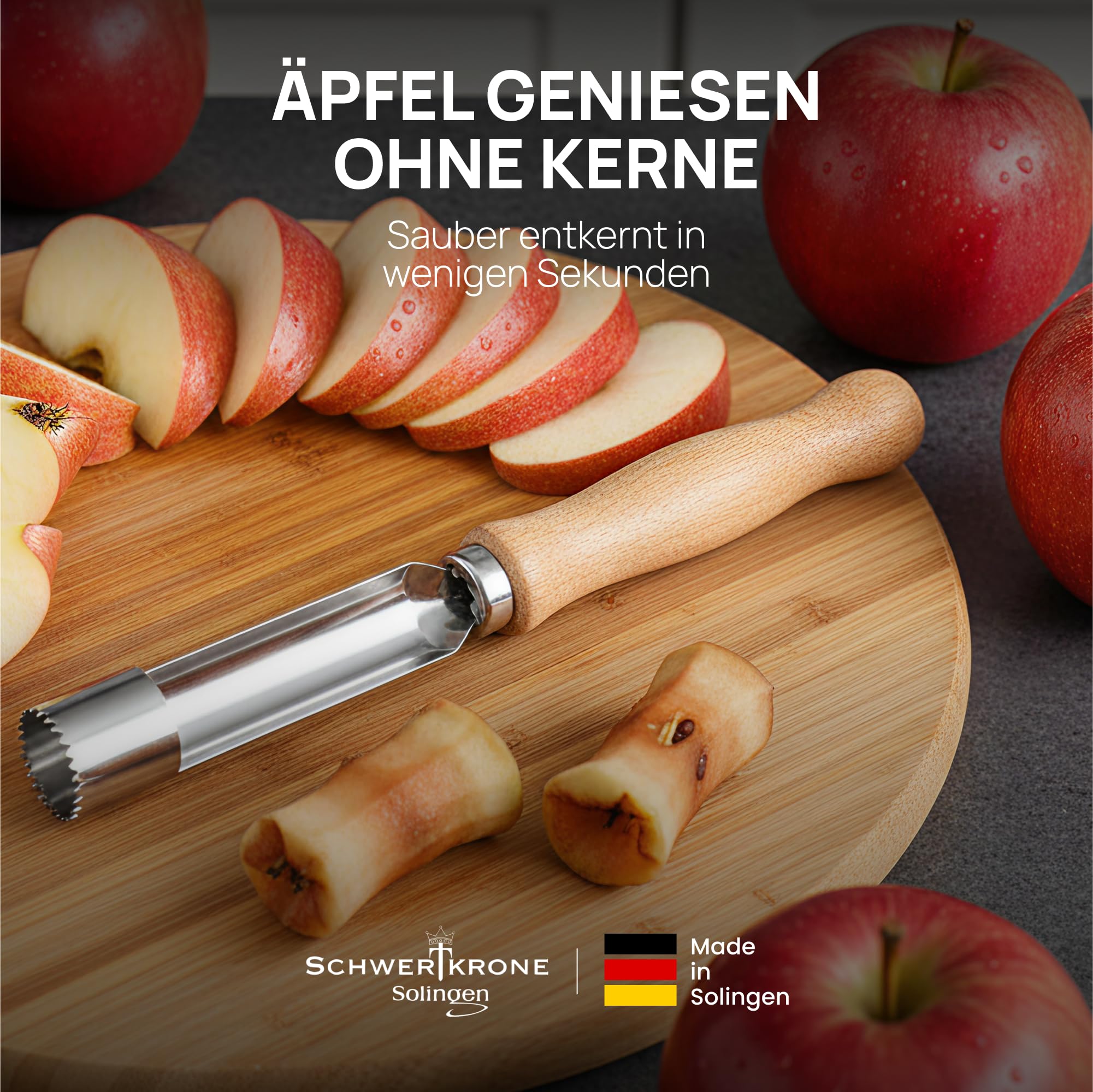 SCHWERTKRONE® Vide Pomme [MADE IN GERMANY] - Éplucheur de Pommes de Haute Qualité pour Enlever les Pépins - Vide Pomme Enleve Trognon - Evideur & Denoyauteur Pomme - Bois de Hêtre