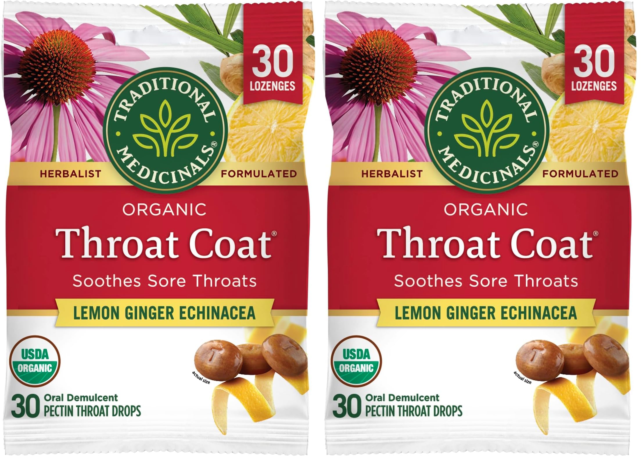Traditional Medicinals Lozenges, Organic Throat Coat Lemon Ginger Echinacea, Sore Throat Support, 30 Individually Wrapped Lozenges (Pack of 2)