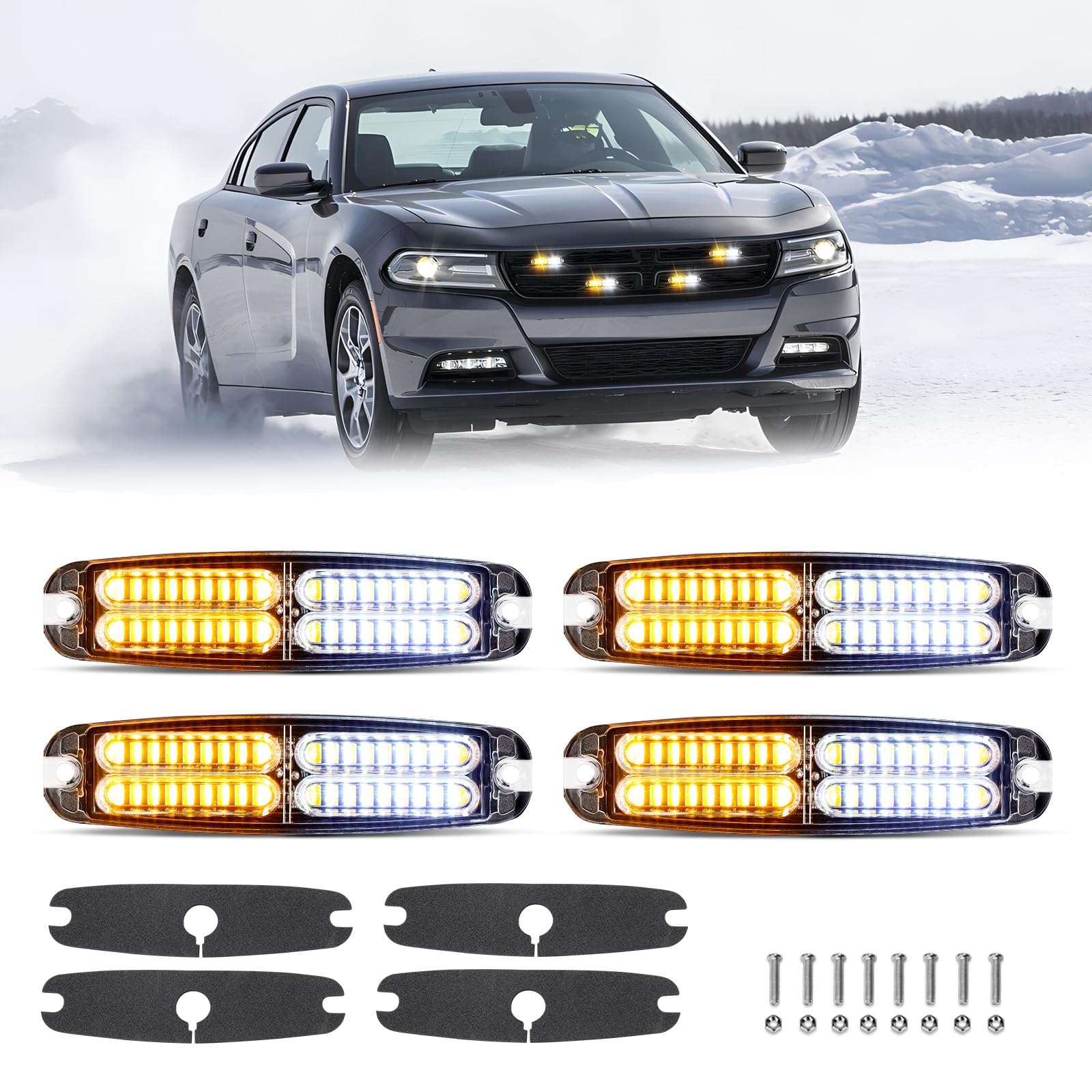 OPP ULITE4PCS 36 LED Amber White Strobe Lights DC 10V-30V Super Bright Emergency Strobe Lights Surface Mount Flashing Marker Grille Hazard Warning Light for Vehicles