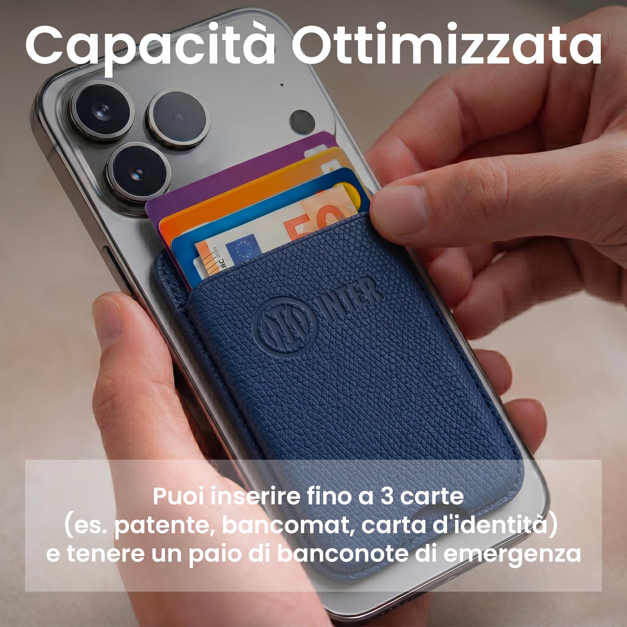 TECHMADE FC Inter Kartenhalter kompatibel mit MagSafe für iPhone, Adapterring im Lieferumfang enthalten - Platz für 3 Karten oder Bargeld, Schnellauszugssystem - RFID-Blockierung, aus veganem