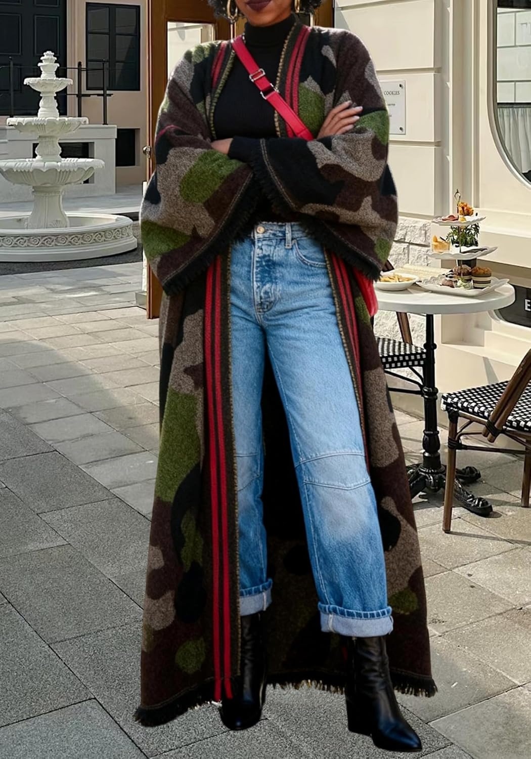 Womens Long Open Front Cardigans Long Sleeve Camo Shawl Sweater Chunky Cable Knit Fringed Outwear Coat - Image 2