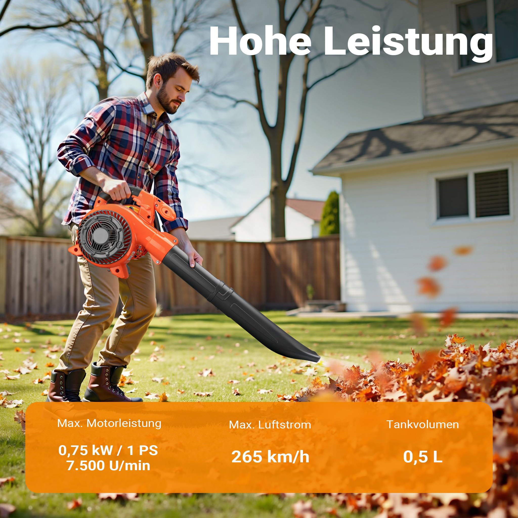 Wiltec 3in1 Laubbläser, Laubsauger u. Laubhäcksler, Laubgebläse 1 PS mit 26ccm, beninbetriebener Laubstaubsauger, Gartenhäcksler mit 50 l Fangsack