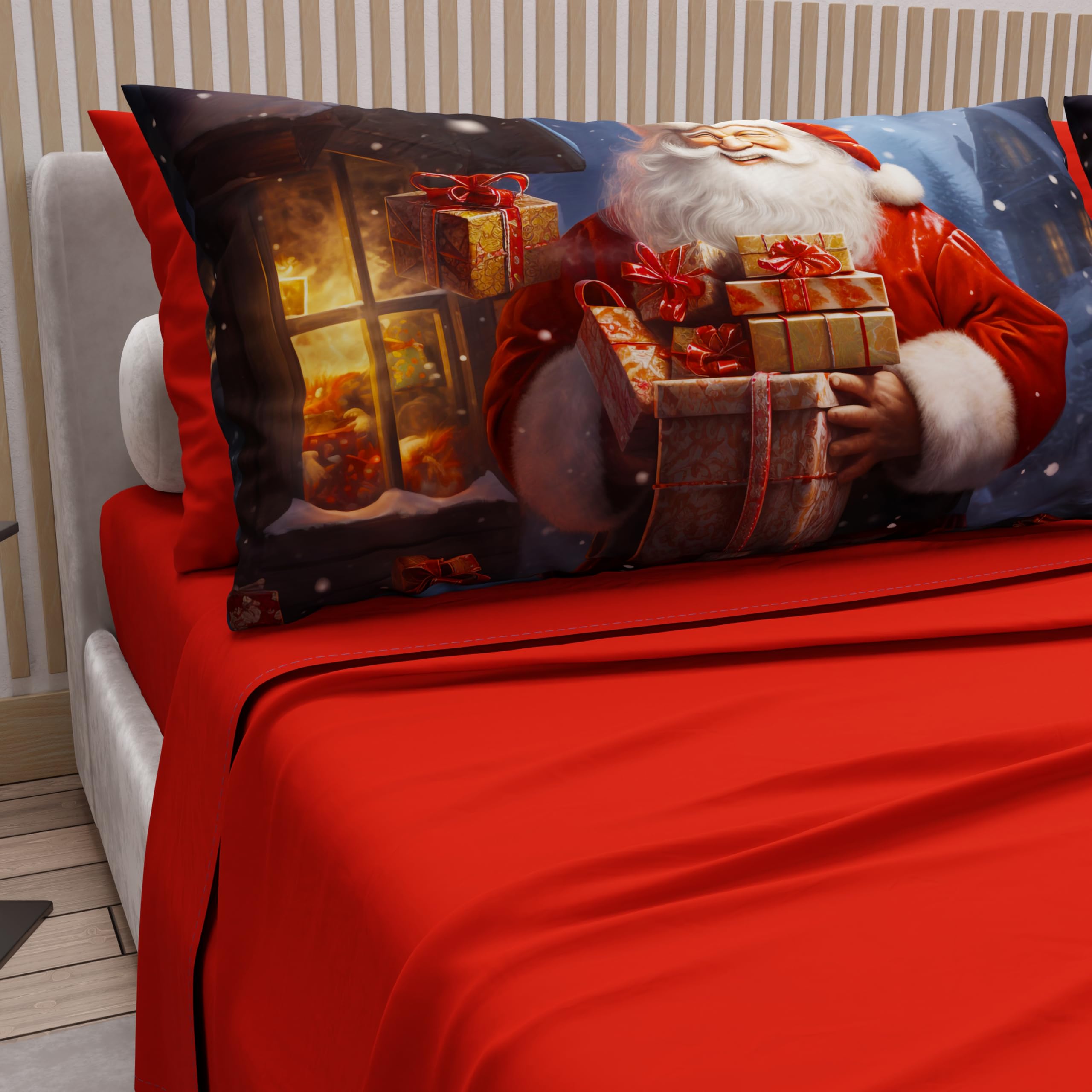 PETTI Italian Artisans - Cotton Sheets with Christmas Digital Print Pillowcases, French Queen Size Christmas Sheets, Christmas Bed Set, Xmas 2 Red, 100% Made in Italy