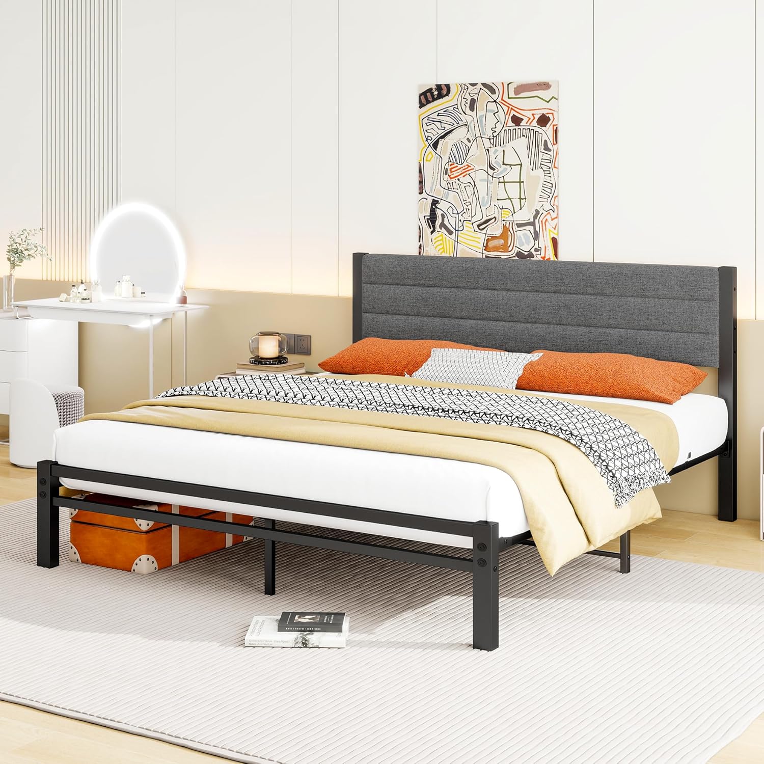 Queen Bed Frame with Headboard, Queen Size Bed Frame with Metal Slat Support/No Box Spring Needed/Upholstered Platform Bed Frame Queen Under Bed Storage/Easy Assembly/Grey Linen - Image 3