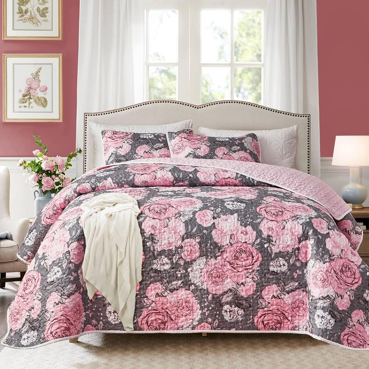 3 Pieces Quilt Set Grey with Pink Floral Quilt Bedding Set Queen Size Soft Microfiber Lightweight Reversible Coverlet Bedspread for All Season Grey Flower Quilt Set (1 Quilt+ 2 Shams) - Image 2