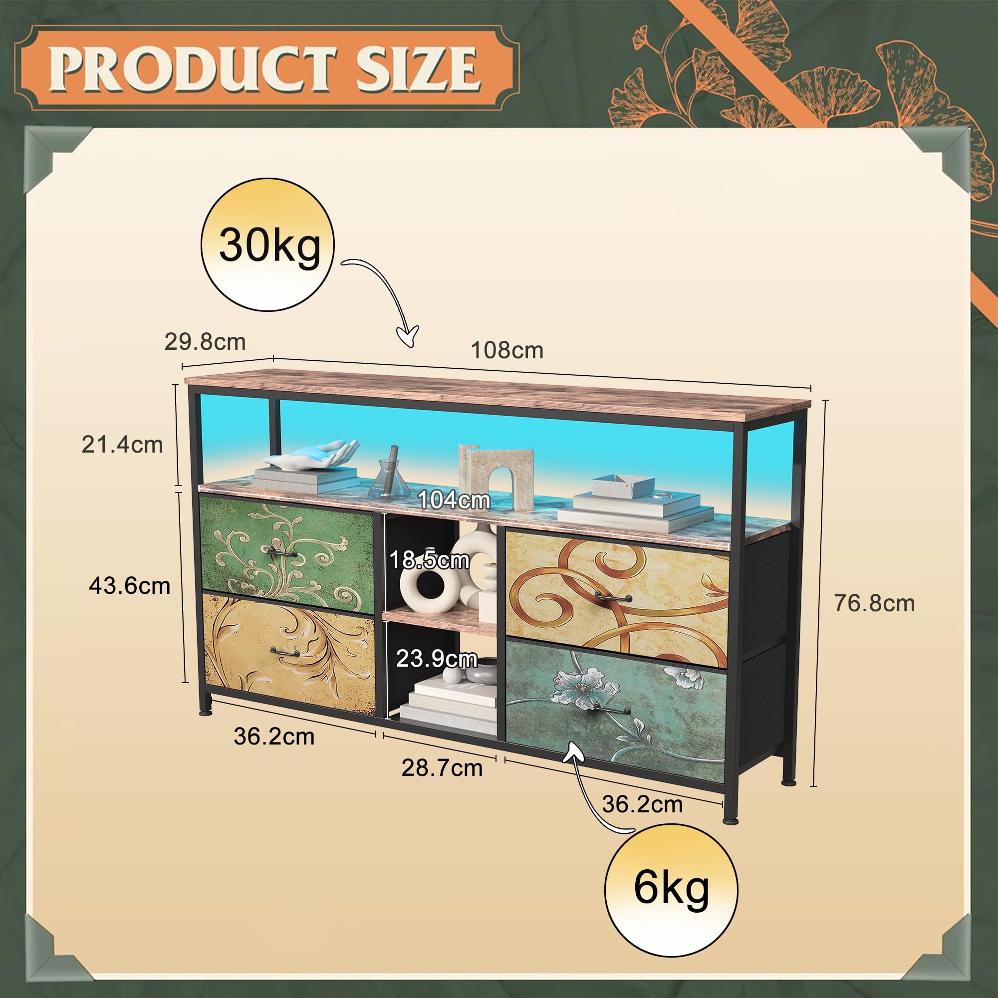 Mueble TVs de 108 cm con Luces LED,108 x 29,8 x 76,8 cm Mueble de TV Industrial con 4 Cajones,Muebles de Dormitorio,Armario de TV con LED para Dormitorio, Comedor, Salón