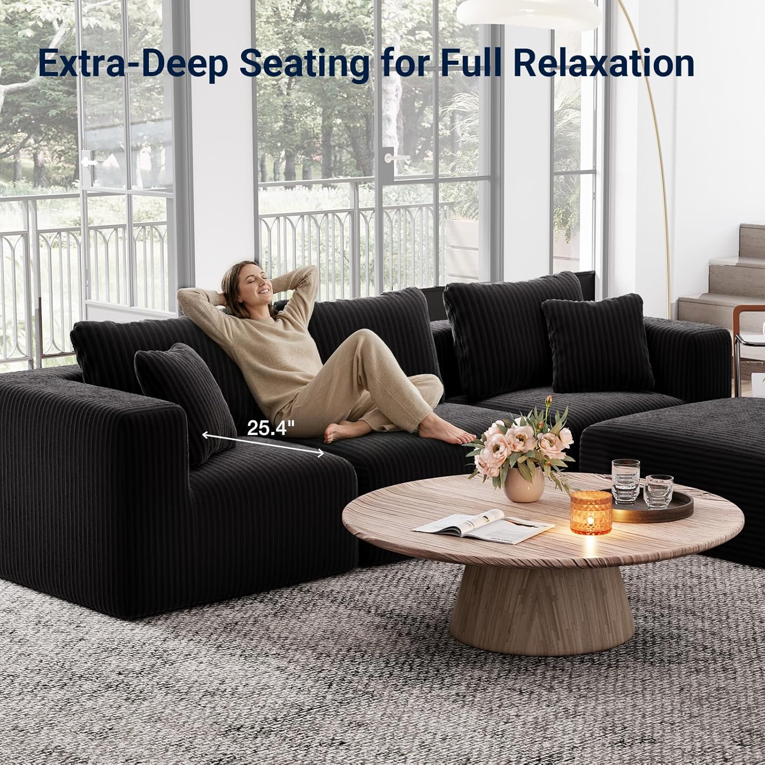 Avenco 141” 6-Seat Modular Sectional Sofa, Individually Wrapped Coil Support & Corduroy Fabric, Zero Assembly 6-Piece Set for Large Living Room, Black