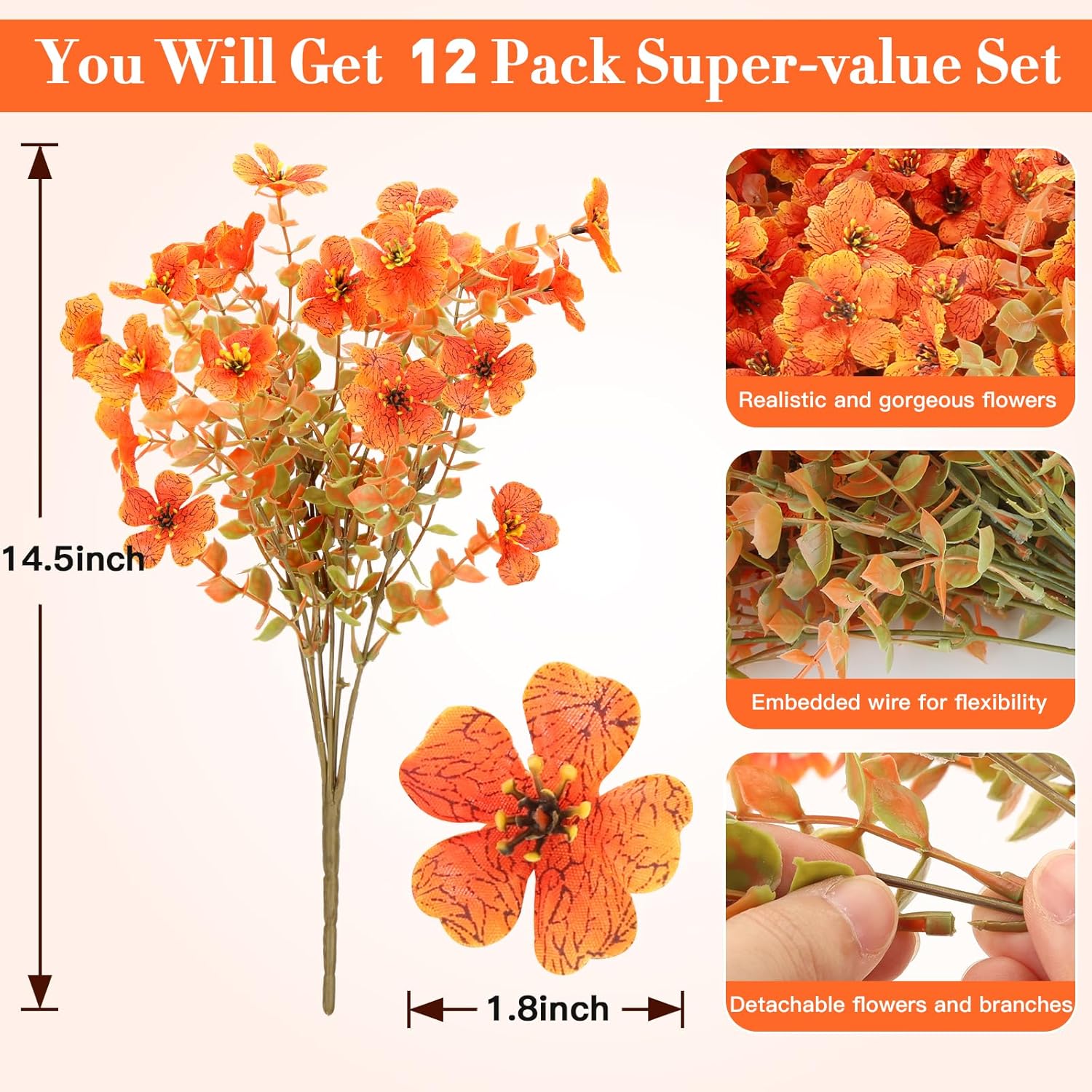 Fall Flowers Artificial for Decoration, Artificial Fall Mums Flowers for Outdoors, Fake Flowers Daisy Eucalyptus Realistic UV Resistant for Garden Patio Porch Home Decor (12, Orange-Green Leaves) - Image 2