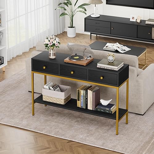 Miniatura 6 de IDEALHOUSE Chic 2024 Nueva mesa consola con almacenamiento, mesa de entrada de 54.4 pulgadas con marco de metal y 3 cajones, mesa de sofá estrecha