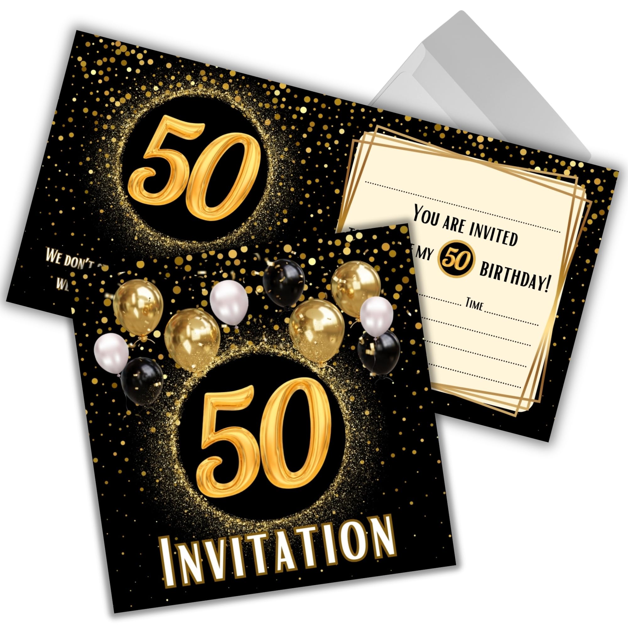 JOCERO 50th Birthday Invitations Pack of 20 with Envelopes – Elegant Gold & Balloon Design – Square 12×12 cm – Ideal for Men & Women