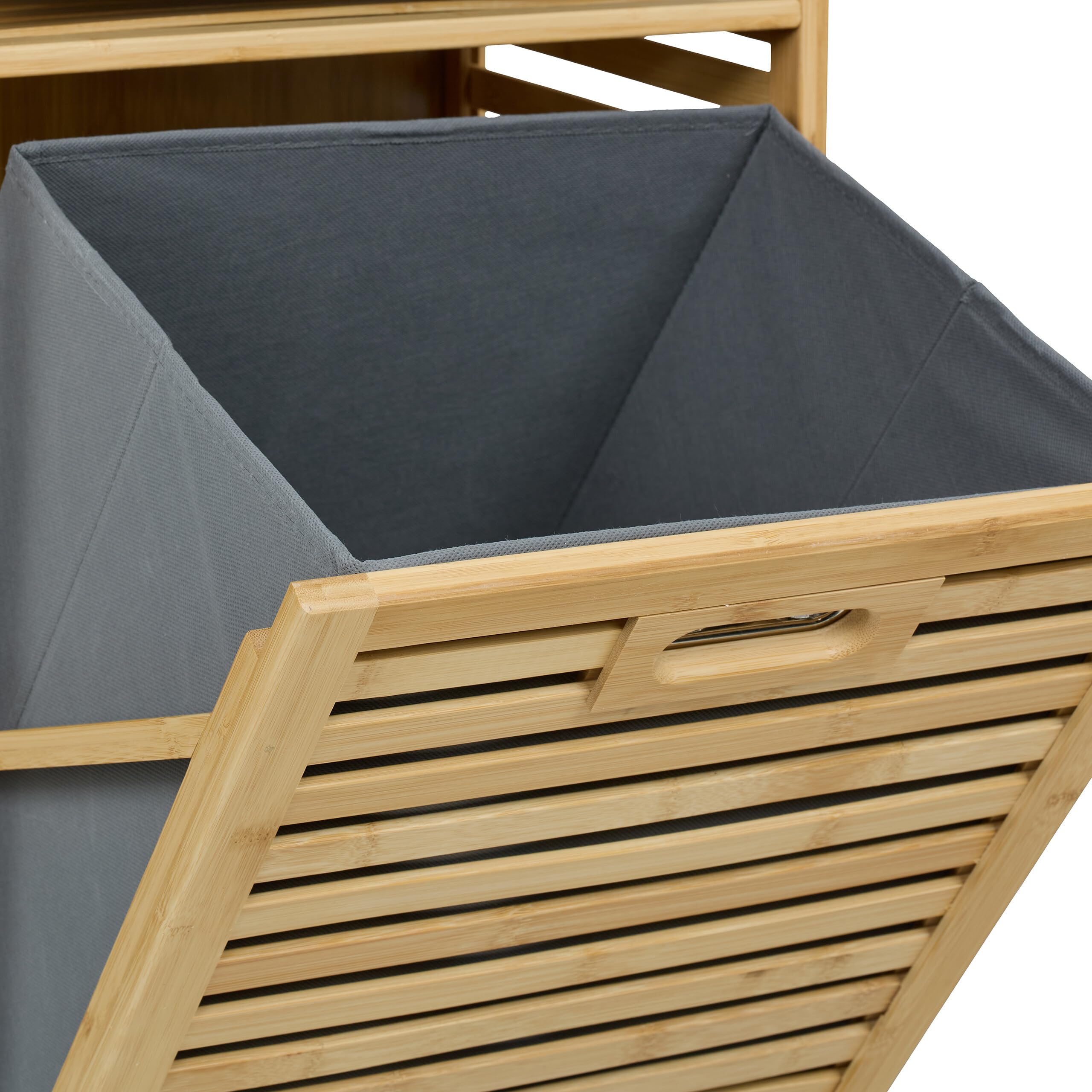 Relaxdays Wäschekorb, kippbarer Wäschesammler, 30 Liter, Ablage & Schublade, Bambus, Stoff, HBT: 95x40x33 cm, natur/grau