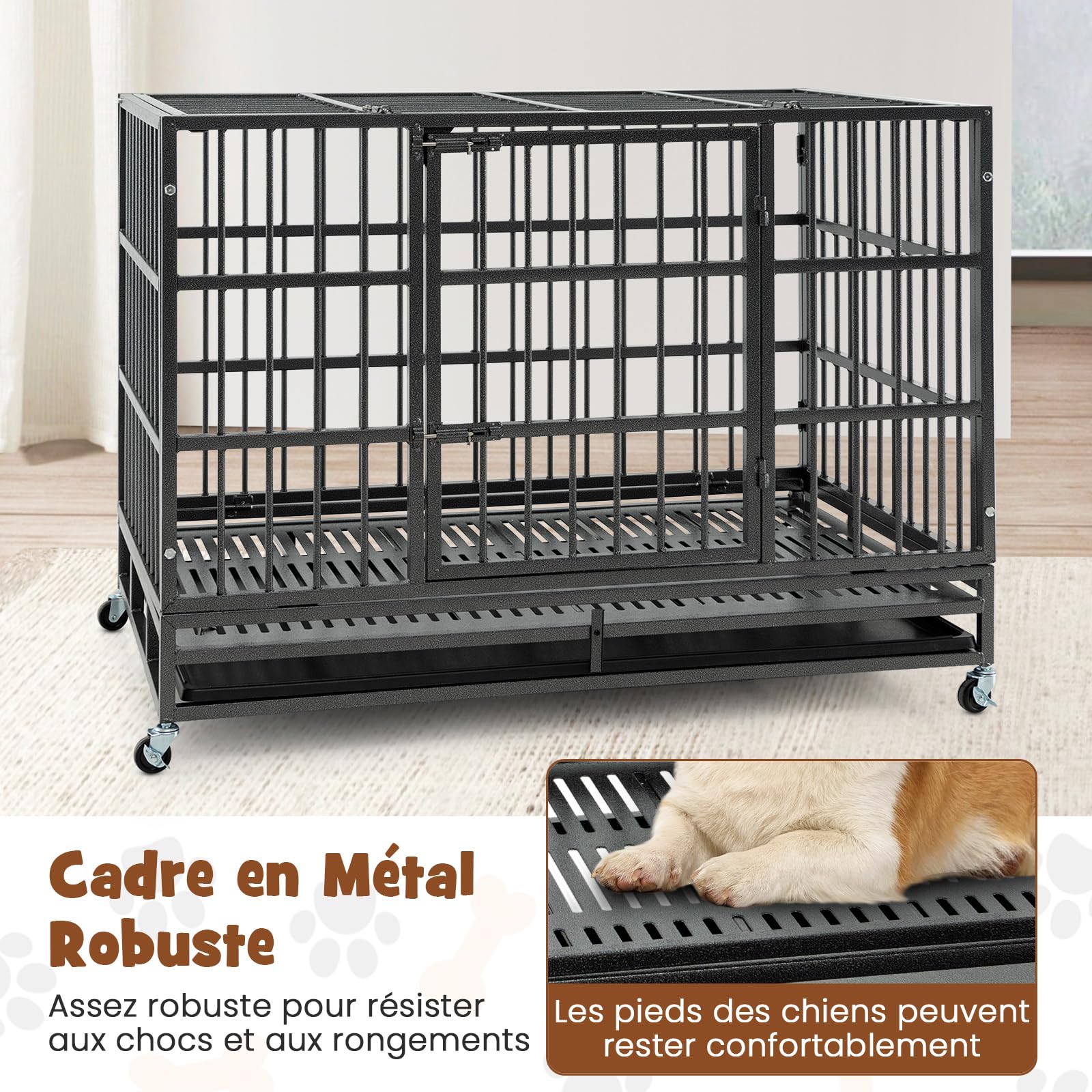 GOPLUS - Jaula para perros plegable de metal con ruedas cerradas, doble puertas cerradas, bandeja extraíble para perros grandes y medianos (48 pulgadas)