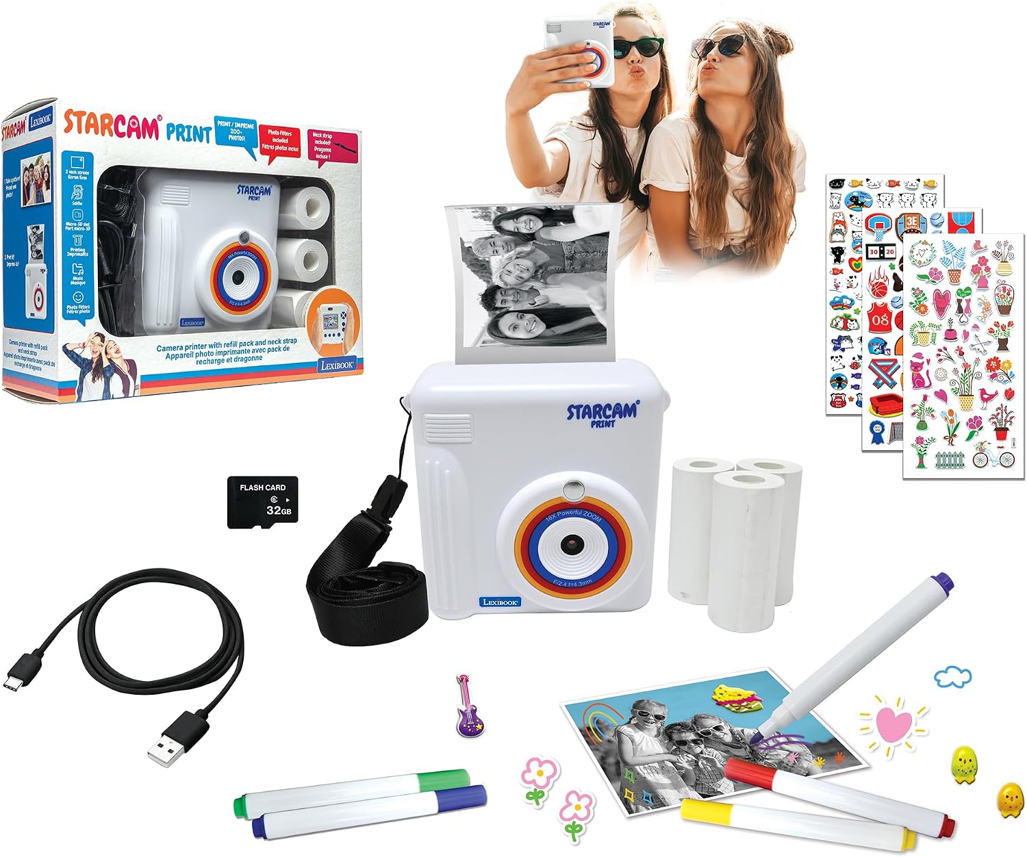 Lexibook, Starcam Print, Aparat natychmiastowy, DJ130 | Drukarka natychmiastowa, karta SD, 4 rolki papieru, pasek, ochrona 3D, personalizacja, biały