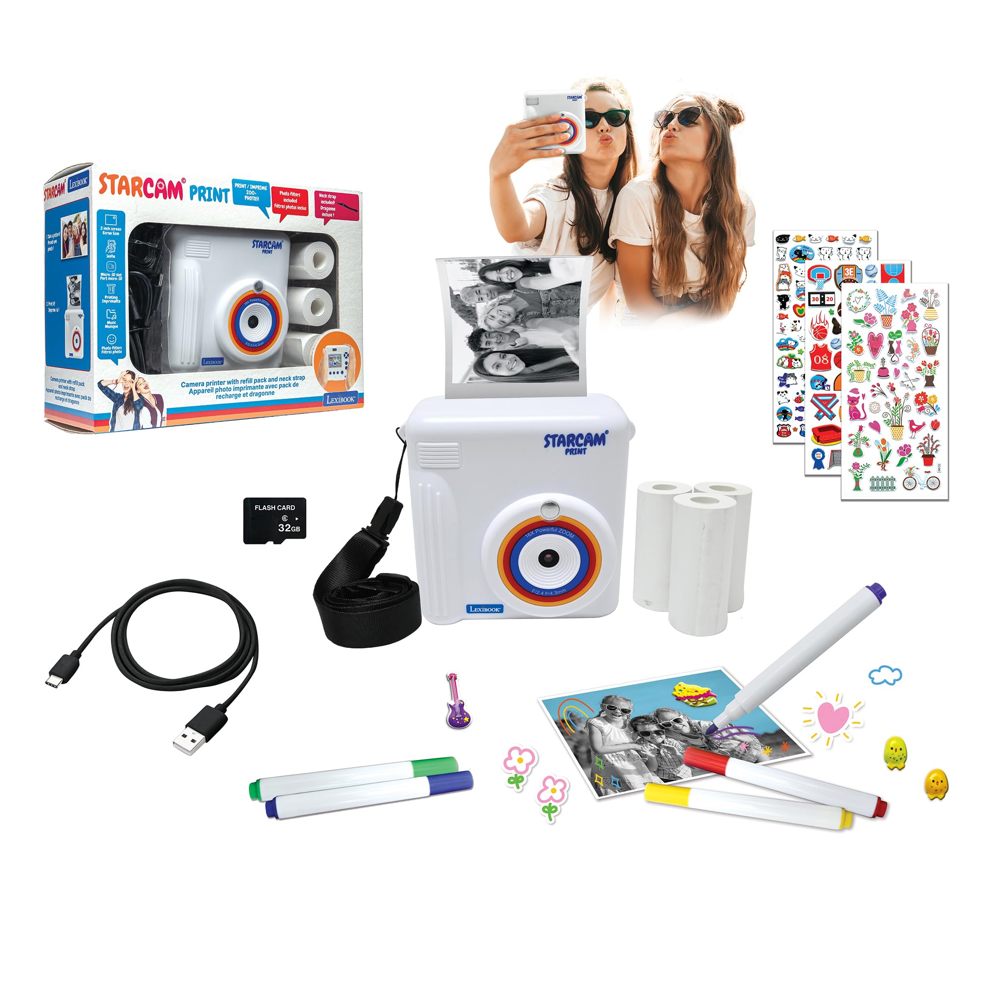Lexibook, Starcam® Print, Camera Pack with Instant Printer, 3 Paper Rolls and Neck Strap, DJ130