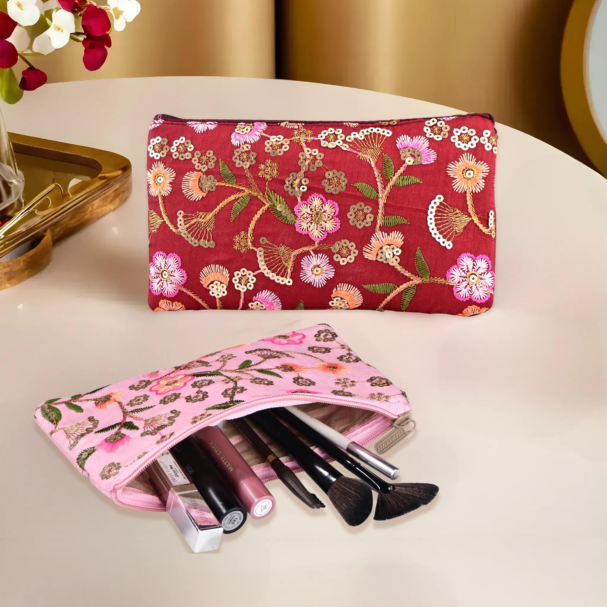 Kuber Industries 2 Pcs Traditional Hand Purse Ladies with Zip | Embroidery Ethnic Pouch/Wallet Purse for Women | Return Gift for Ladies | New Flower - Maroon & Light Pink-picture-10