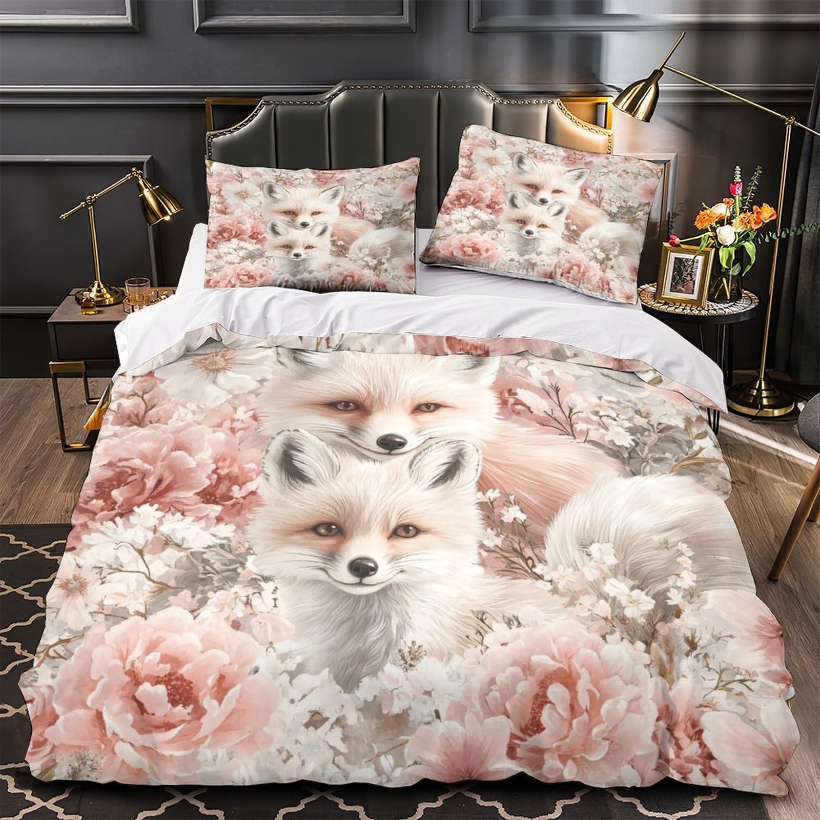 MMDASBVPE Foxes in Flowers Comforter Cover 3D Print Hypoallergenic 3PCs Bed Linen Hidden Zipper Pastel Floral Quilt Cover Extra Soft Durable for Teens Youth Adults Women Kids Boys Double（200x200cm）