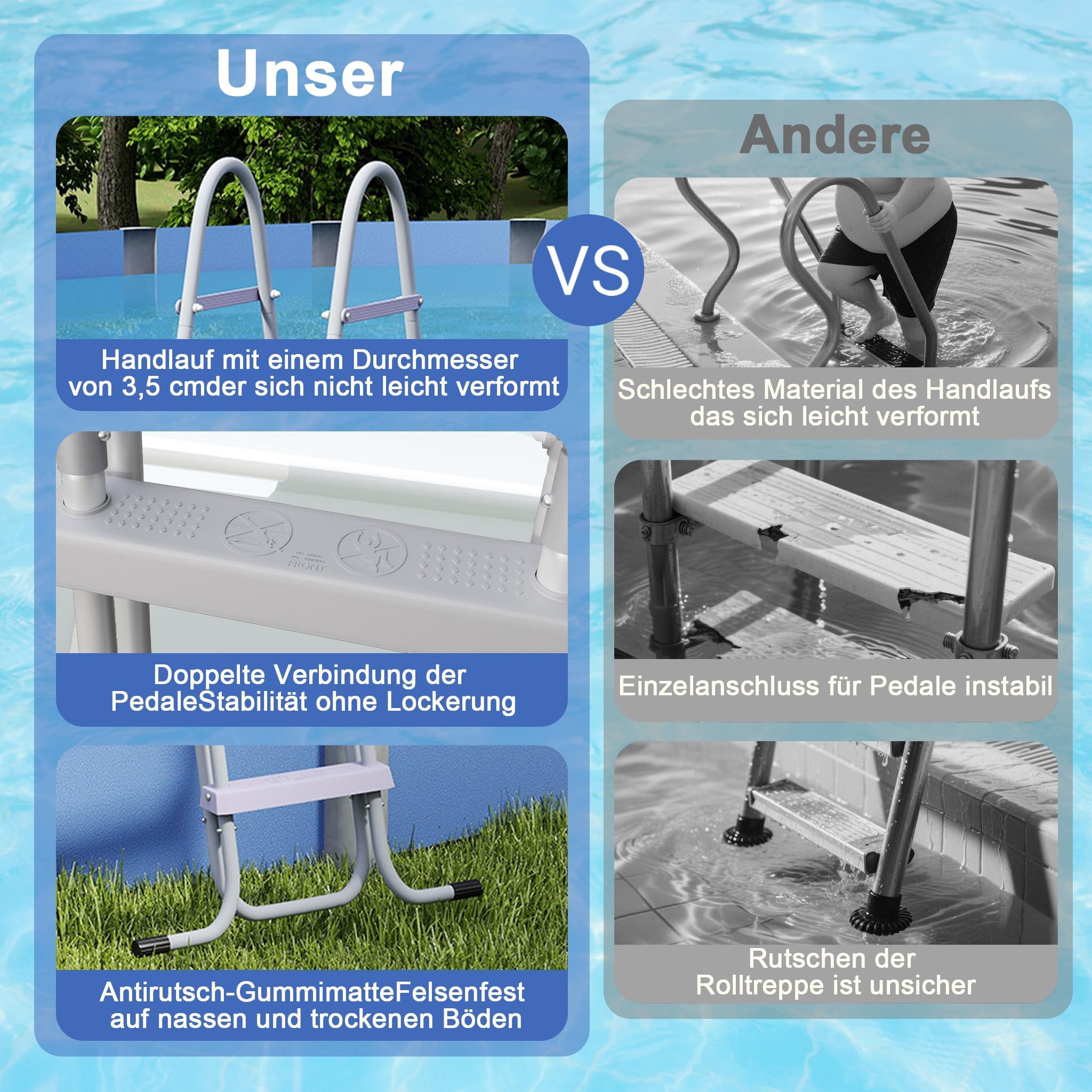 Échelle de piscine à 4 marches en métal pour piscine hors-sol jusqu'à 130 cm réversible charge maximale 150 kg gris