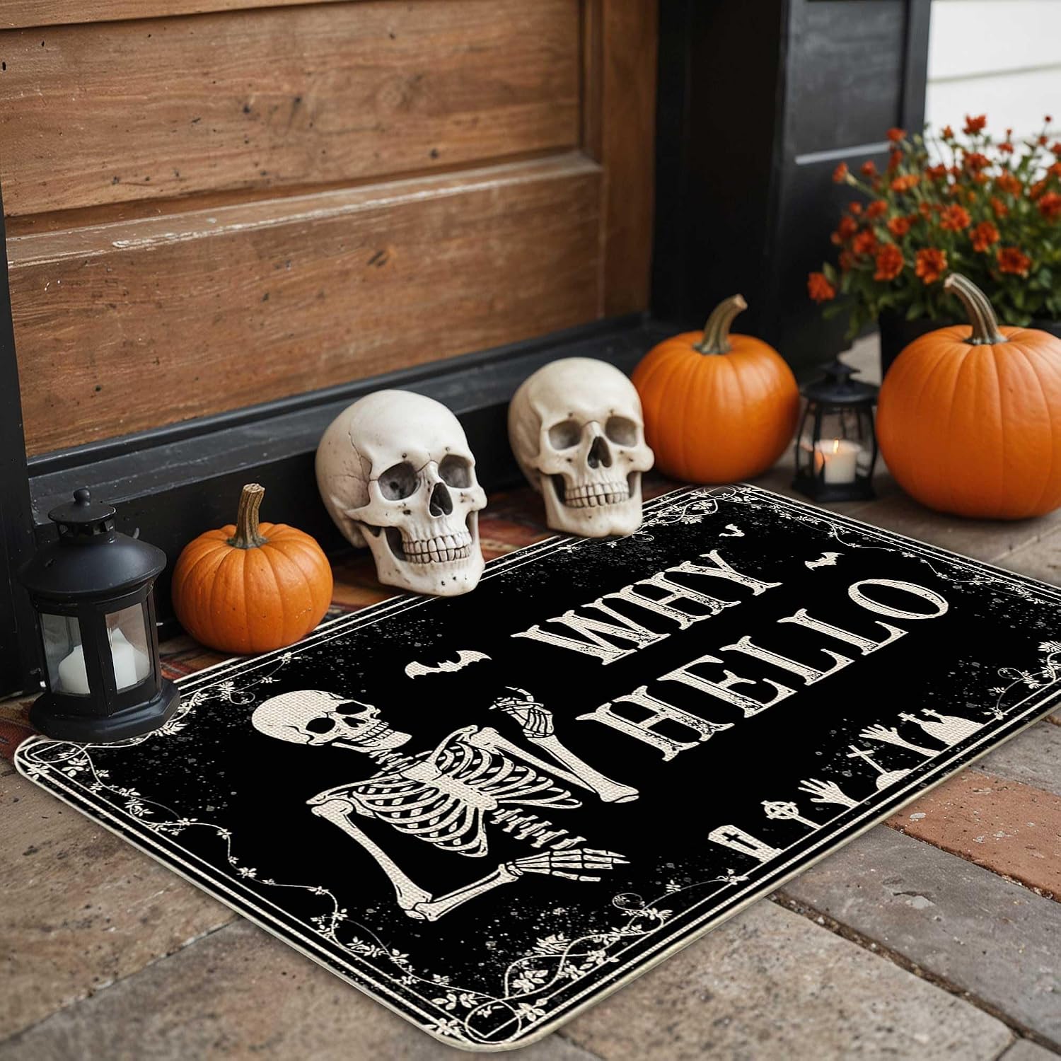 Lofaris Halloween Kitchen Mats Set of 2, Spooky Skeleton & Bat Design Non-Slip Rubber Backing Floor Mats, Gothic Dark Decor for Kitchen & Laundry Room, 17x29 and 17x47 Inch