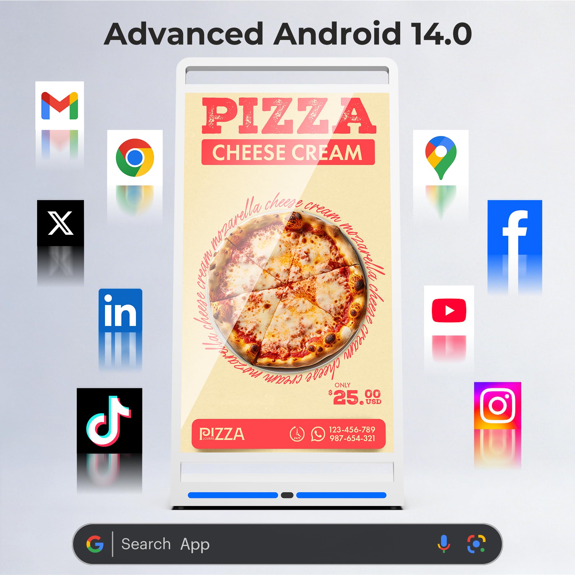 Totem Pubblicitario Digitale in L Bianco 43", Schermo Pubblicitario con Batteria 10h, Display LCD da Interno 800 Nits con Android e CMS, per Centri Commerciali