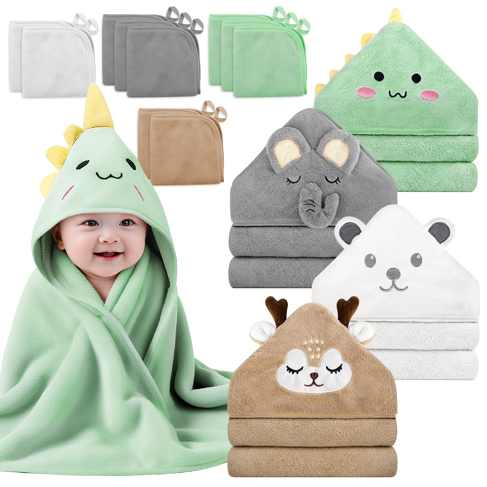 14 PCS Baby Towels Set, 4 PCS Soft Baby Hooded Towels & 10 PCS Washcloths, Baby Bath Towels for Newborns, Infants & Toddlers, Ultra Absorbent, Cute
