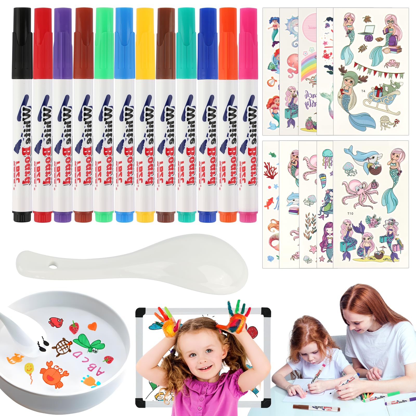 AILUYA Magic Water Painting Pens Set, 12 Colours, Ultra Fine, Washable, Mermaid Tattoo Stickers, for Drawing, Graffiti, Teaching, Office, Parent-Child Activities