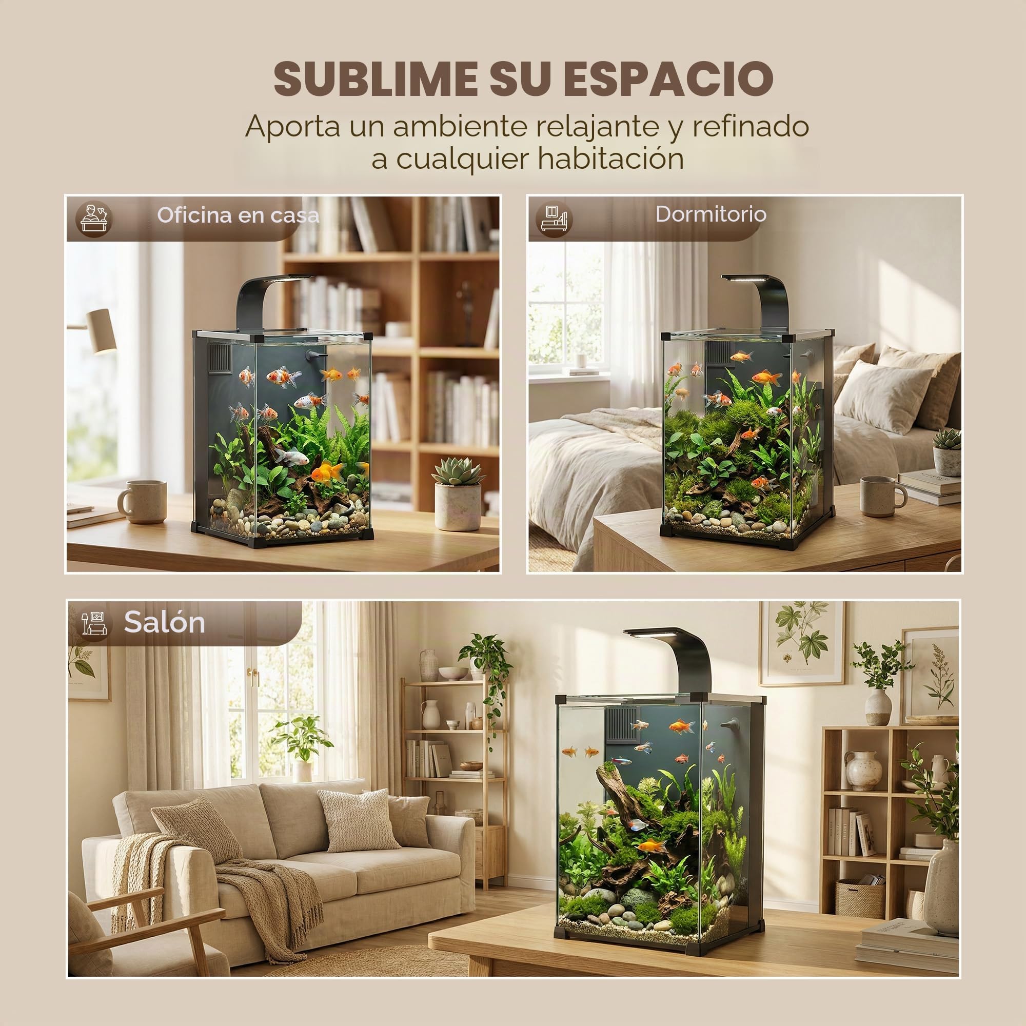 PawHut - Acuario de cristal templado completo de 36 L, nano acuario con filtro integrado, bomba de 5 W e iluminación LED, kit de acuario principiante para peces y plantas de 30 x 30 x 45 cm, color
