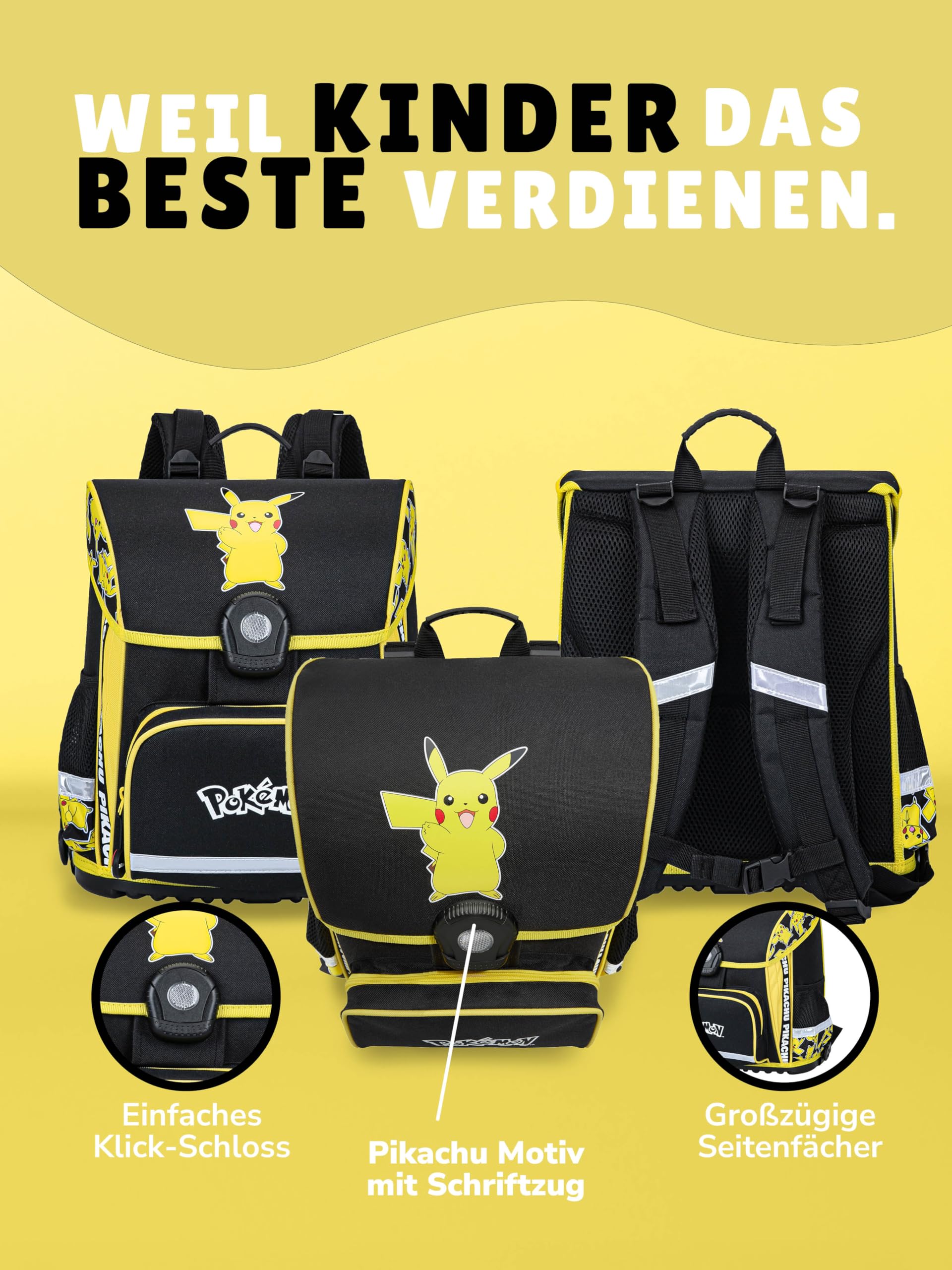 Familando - Schulranzen Set 10-teilig mit Schultüte - Pokémon mit Pikachu Motiv - Ergonomisch, stabil & mit gepolstertem Rücken - 990g leicht, 16L Volumen - Mit Reflektoren - ab 1. Klasse