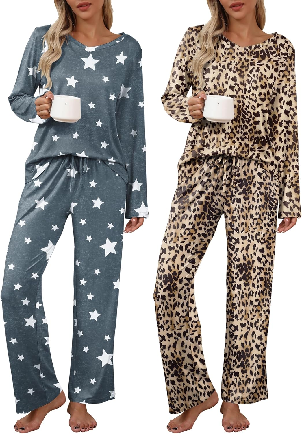 Ekouaer Womens 2 Pack Pajama Set Short & Long Sleeve Pajamas Top and Pants V Neck Pjs Set Soft Loungewear with Pockets - Image 2