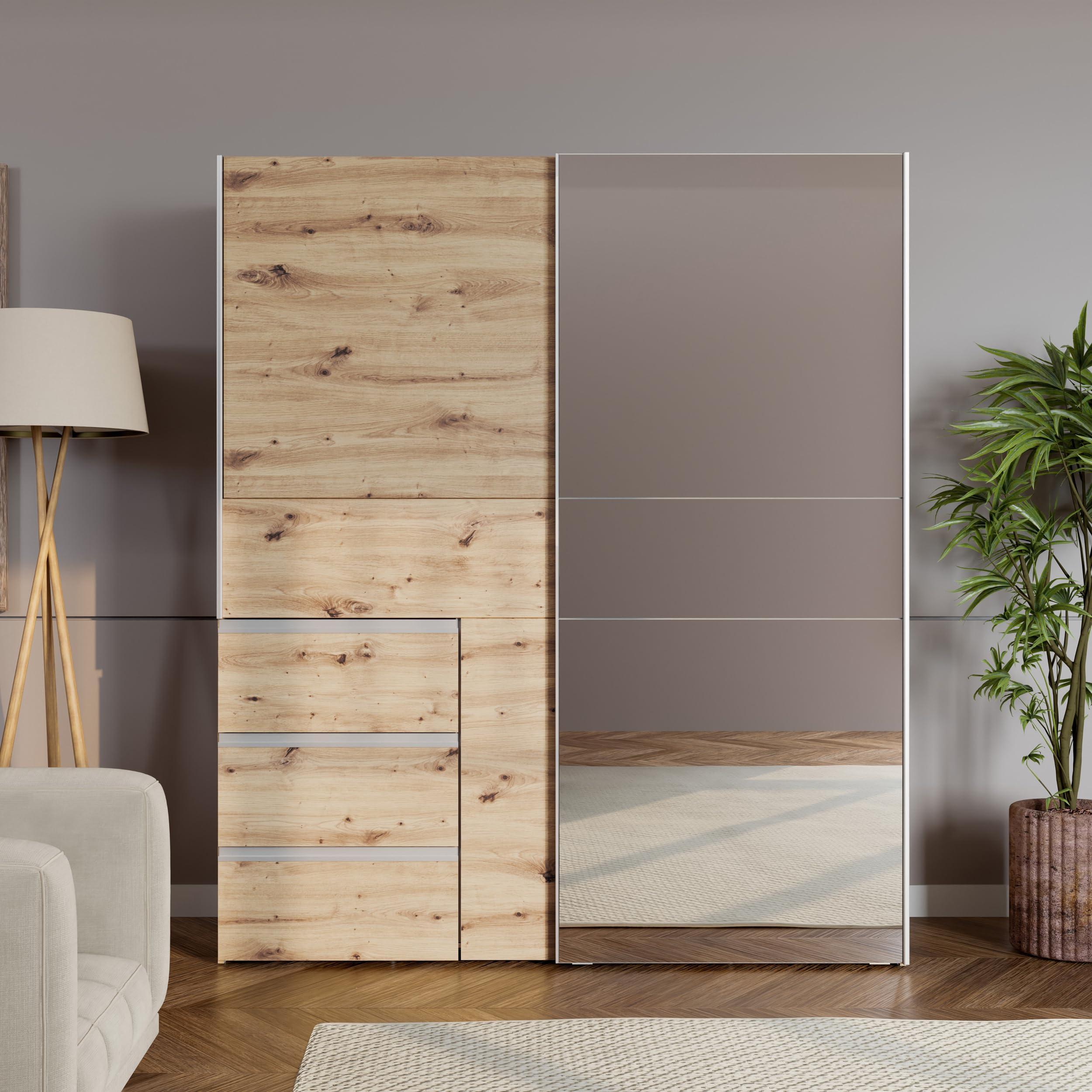 Forte Winn 2 Kleiderschrank 170, Skandi-Style Schwebetürenschrank, 2-türig, 3 Schubladen, Spiegel, Schlafzimmer, Artisan Eiche Holzdekor, 170,3 cm breit x 200,5 cm hoch x 61,2 cm tief Küche, Haushalt & Wohnen