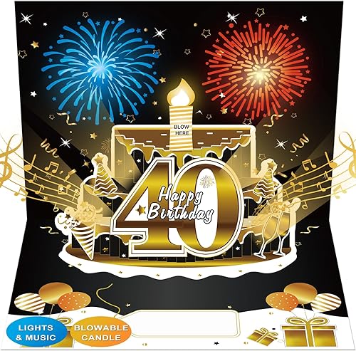 40th Birthday Cards Pop Up 3D Cake - Firework & Music & Blow Out Candle Light Funny Happy 40 Black Gold Birthday Card Gifts for Men - 40th Anniversary Gifts For Him