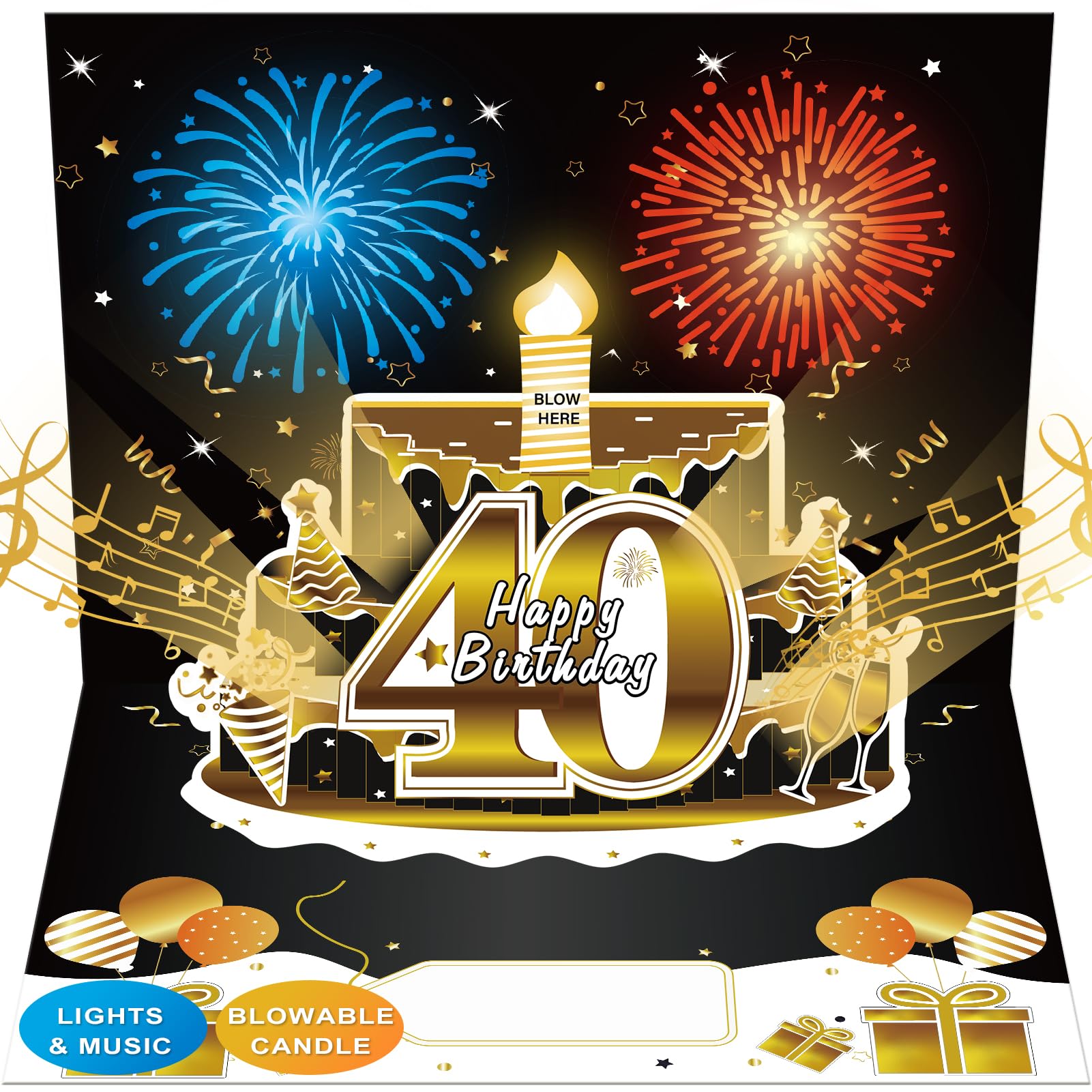 Turypaty 40th Birthday Cards Pop Up 3D Cake - Firework & Music & Blow Out Candle Light Funny Happy 40 Black Gold Birthday Card Gifts for Men, Women,