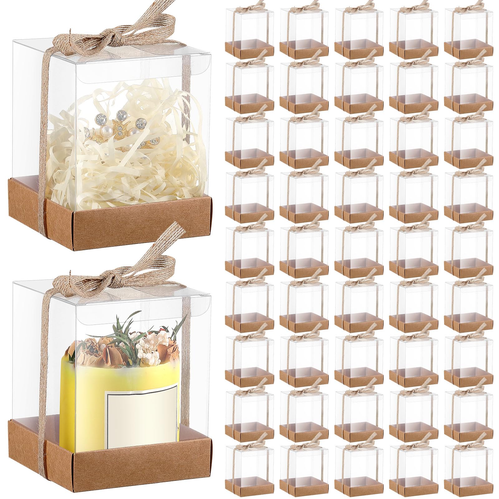 Cunno 50 Sets 3.5 x 3.5 x 4.3 in Candle Gift Package Valentine's Transparent Box 4-18 oz Handmade Tealight Candle Holder Paper Bottom Ribbon for