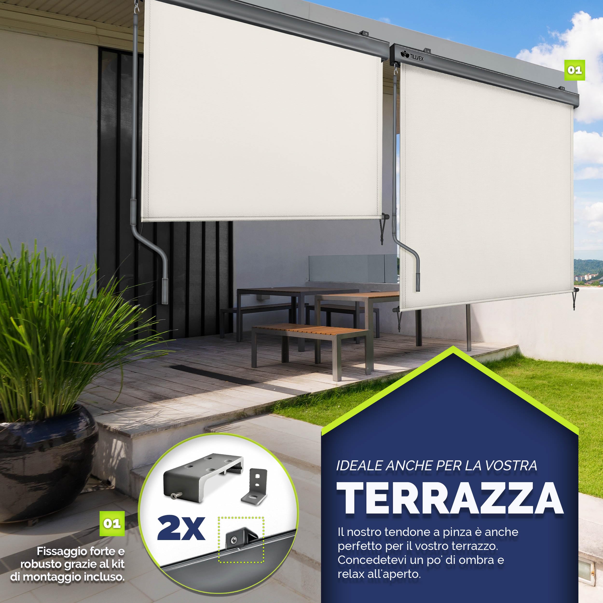 tillvex® Tenda da sole verticale per interni ed esterni, impermeabile, con manovella, per balcone, terrazza e giardino, tenda parasole in alluminio (beige, 250 x 200 cm)
