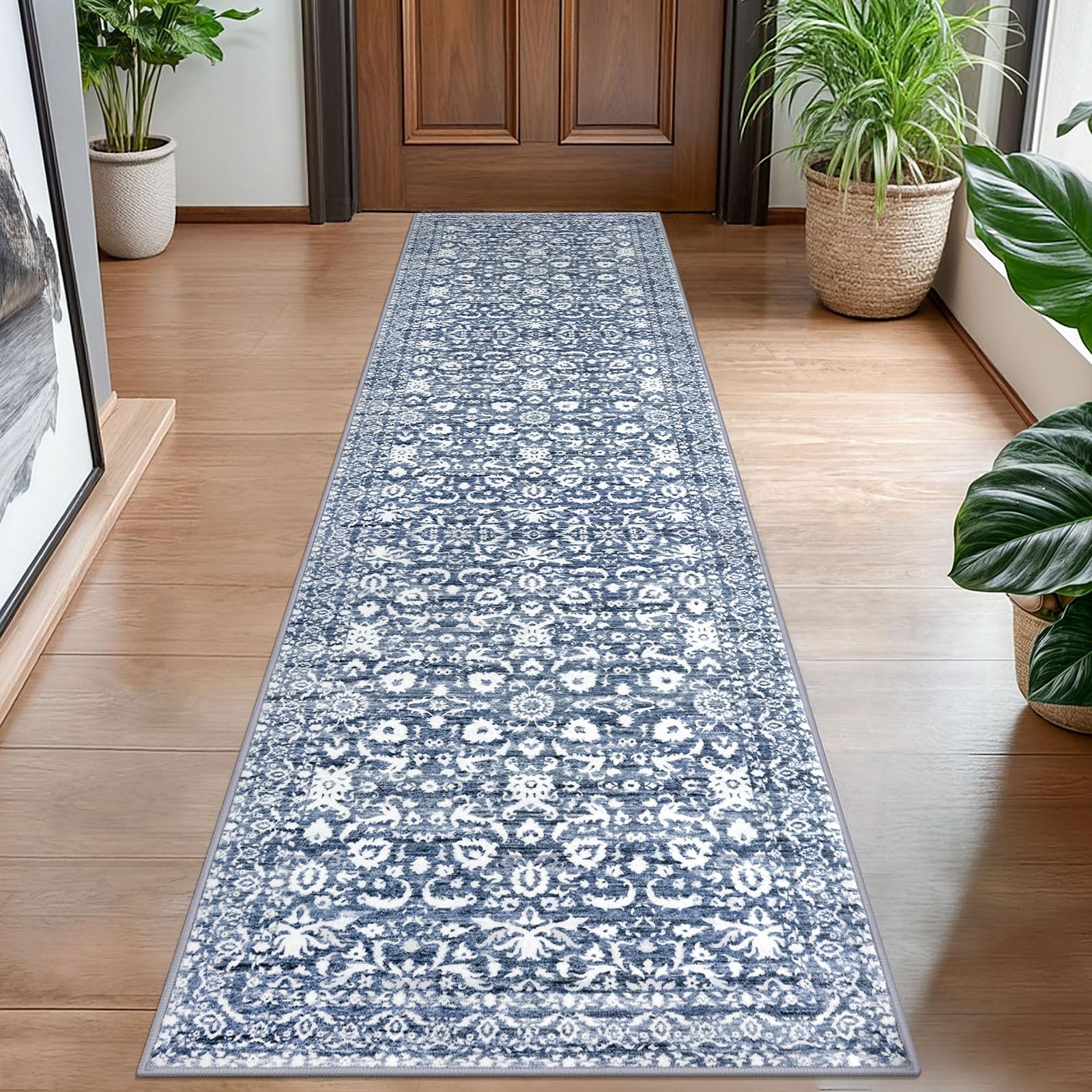 Lansny Hallway Runner Rug, Light Blue White Washable Runner Rug 2x8 Vintage Floral Kitchen Rug Runner Non Slip Thin Printed Faux Wool Super Soft