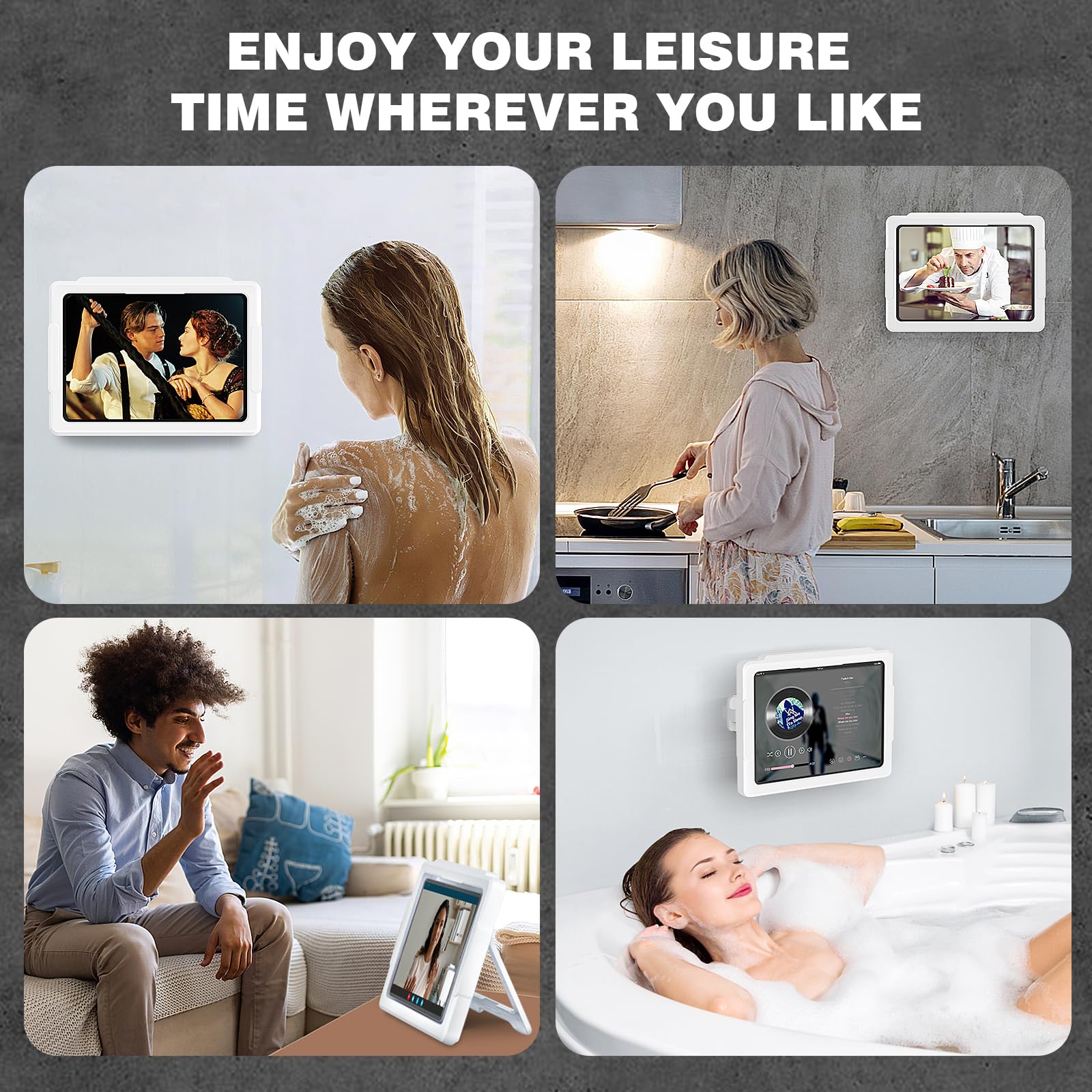 MoKo Soporte para Tablet de Ducha, Caja Elástica Impermeable para iPad y Todos los Dispositivos de hasta 11", Soporte de Pared para Tablet con Rotación 360º, Pantalla Táctil Antivaho para Baño Cocina