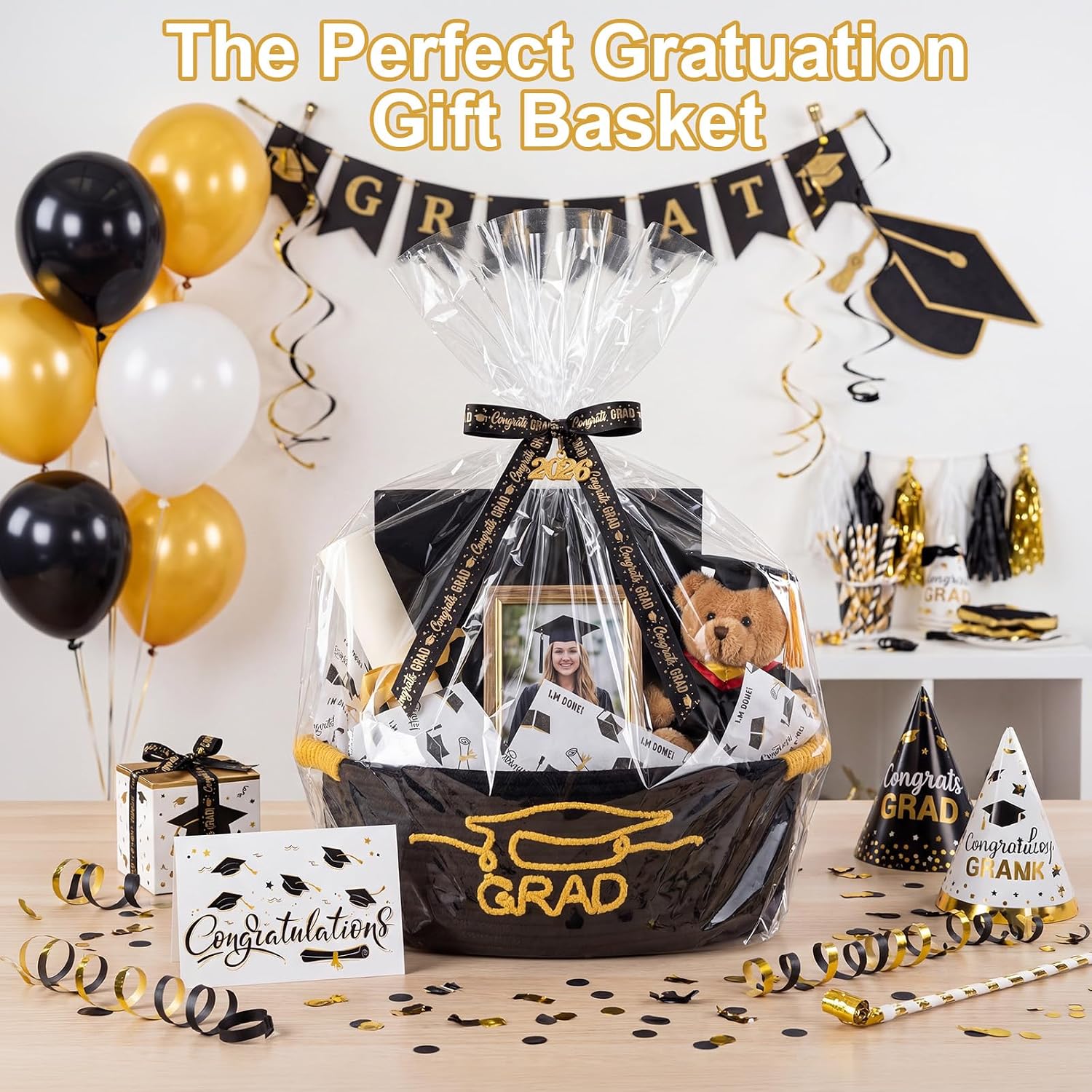 Colingmill 2026 Graduations Gift Basket Empty to Fill, Woven Rope Basket 15" x 11" x 6" Decorative Storage Baskets with Gift Bag, Bow, Tissue Paper & Year Charm(Black,Gold)