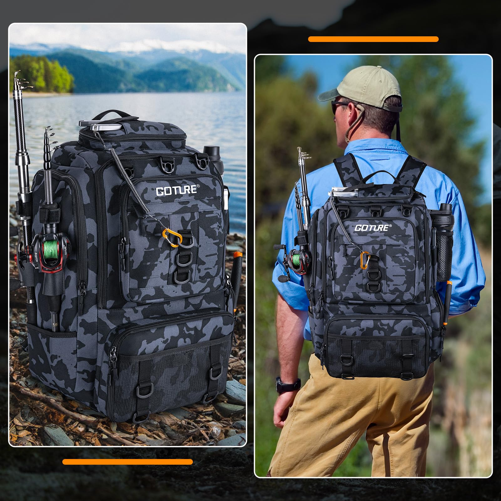 Goture Angelrucksack mit Kühltasche, 40-Liter Angelzubehör-Rucksack mit Zwei Rutenhaltern, 900D Oxford-Gewebe Wasserabweisende Angelgerätetasche mit verstellbarem Fach