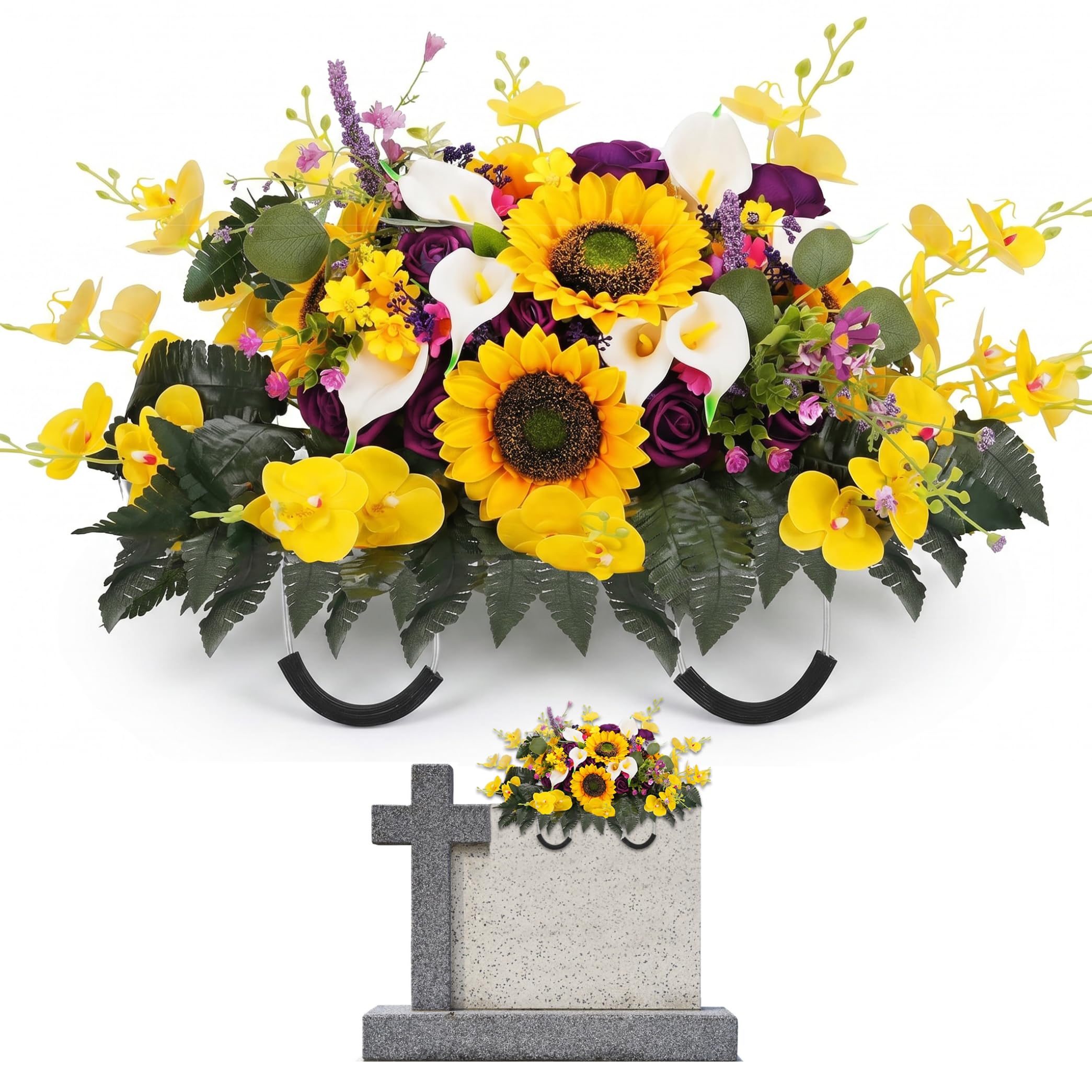 Monetais Headstone Flower Saddle - Realisitc Flower Saddles for Tombstones, Artificial Cemetery Flowers for Grave | 25.59 * 13.78 Inch Headstone Saddle