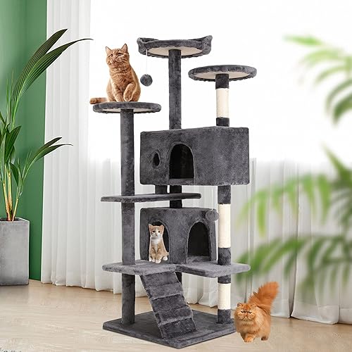 Miniatura 2 de BestPet Árbol para gatos de 54" Gris claro Centro de actividades de varios niveles, resistente, fácil de ensamblar, con postes de sisal para