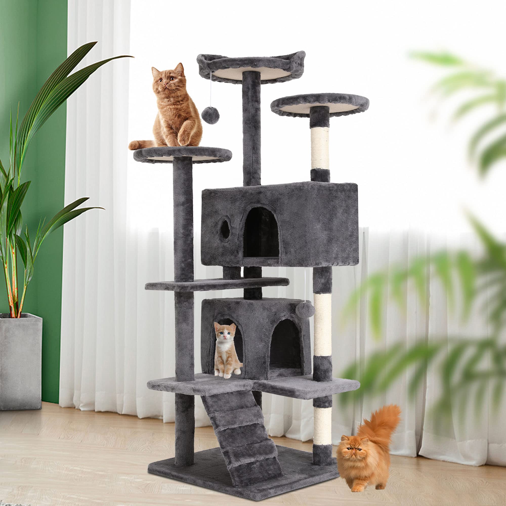 BestPet 54in Cat Tree Tower for Indoor Cats,Multi-Level Cat Furniture Activity Center with Cat Scratching Posts Stand House Cat Condo with Funny Toys for Kittens Pet Play House,Light Gray
