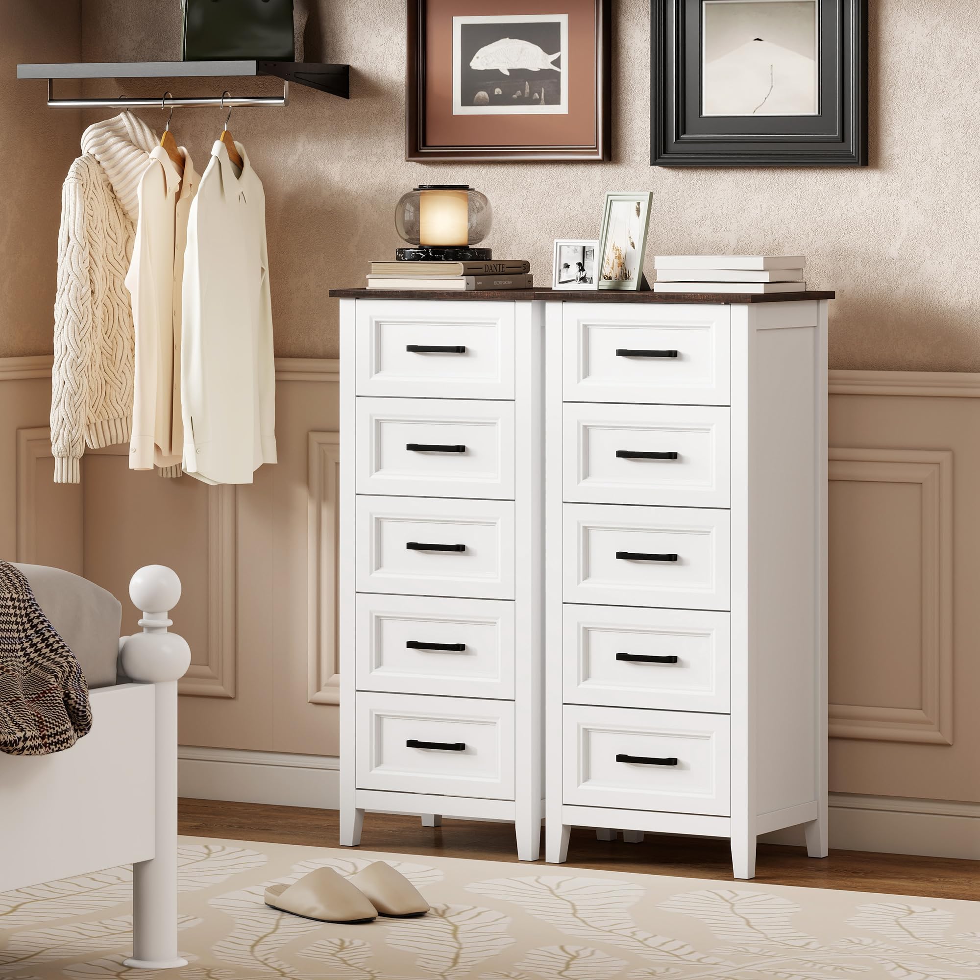 HOMCOM Cómoda 5 Cajones, Cómoda Dormitorio Estrecho y Alto con Encimera Efecto Madera, Cajonera para Espacios Pequeños, Salón, Oficina, 45x35x106 cm, Blanco
