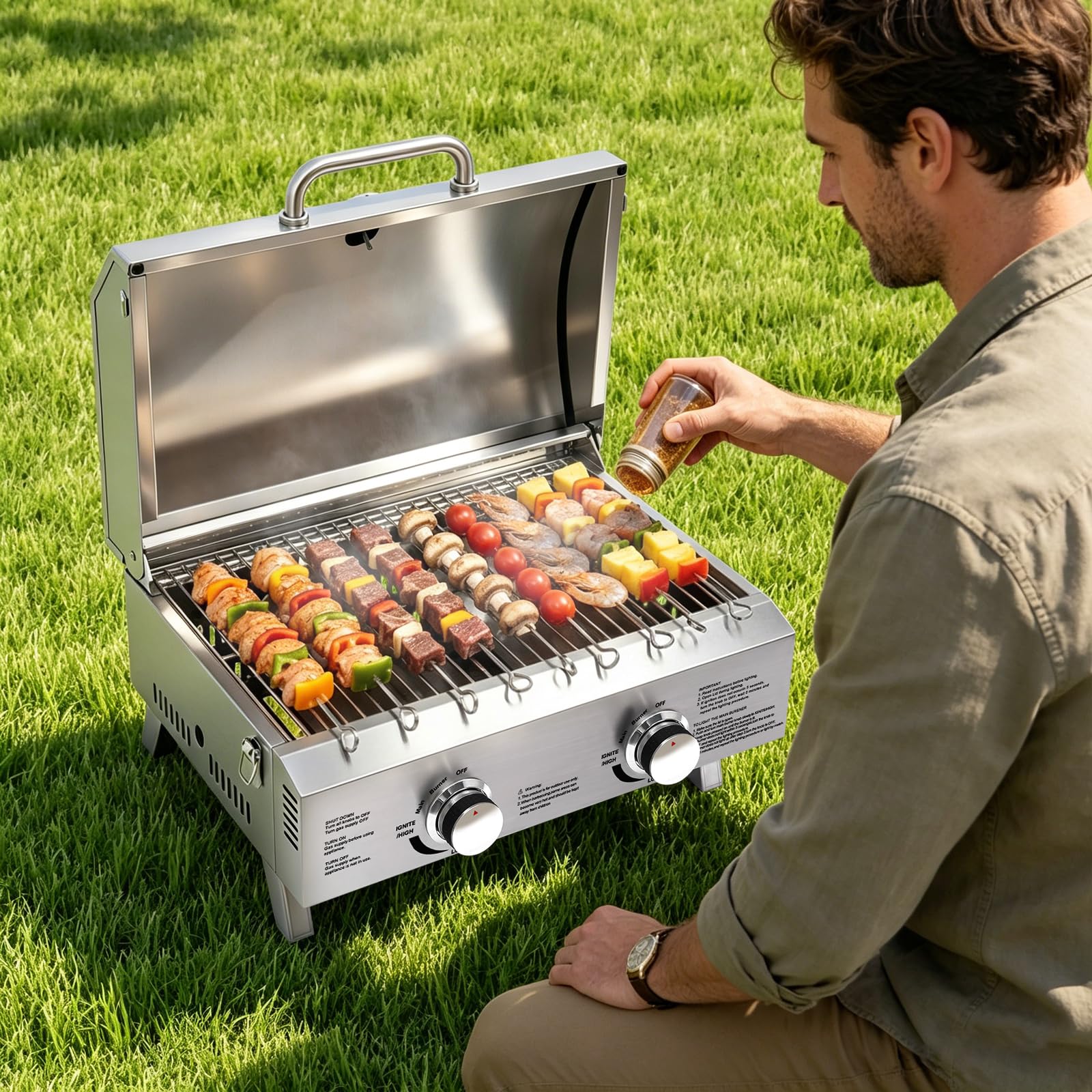 Barbecue a gas in acciaio inox, 2 fuochi, portatile pieghevole per esterni, con pietra per pizza, per giardino, campeggio, picnic, camper, ideale per famiglie e amici, barbecue